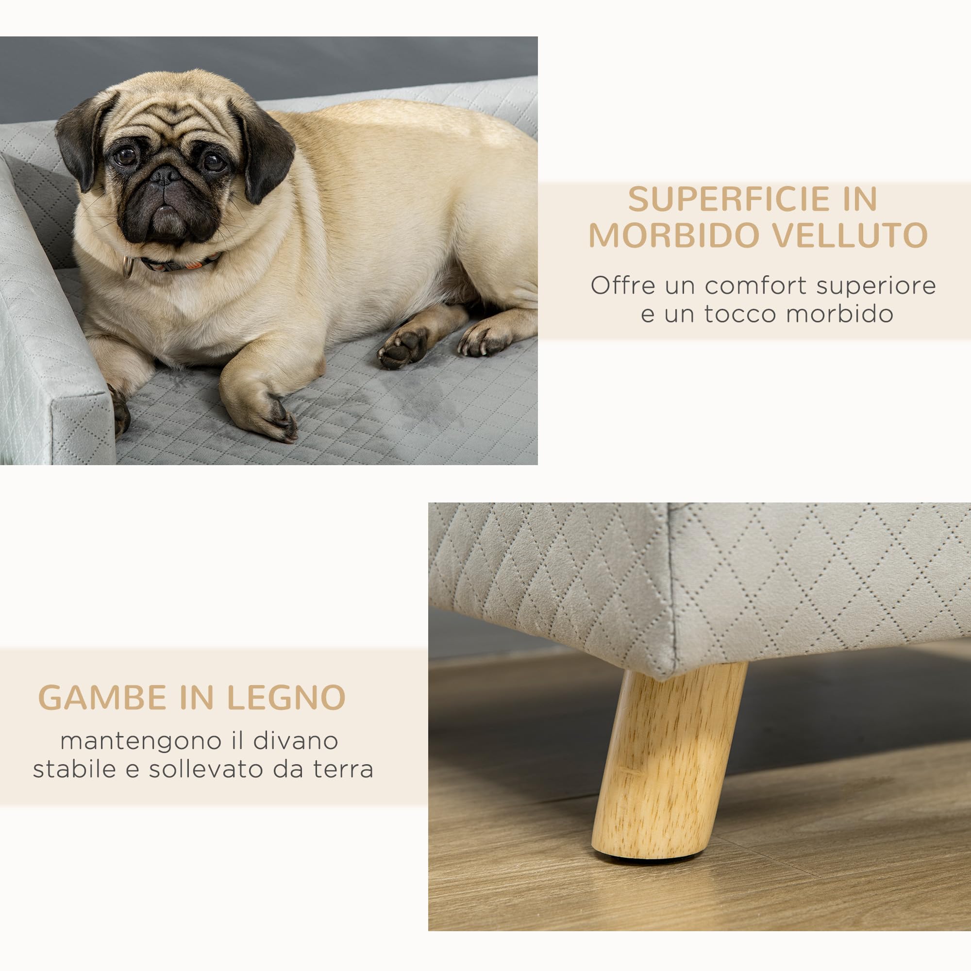 PawHut Divano per Cani e Gatti con Design Scandinavo e Cuscino Imbottito, Cuccia per Animali da Interno in Velluto e Legno, 64x45x36cm, Grigio