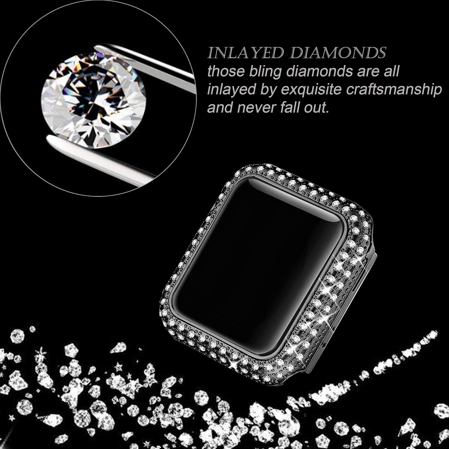 Secbolt 38mm Bling Case Compatible with Apple Watch Band, iWatch Series 3 2 1, Stainless Steel Metal Sparkling Crystal Diamond Cover Bezel Rhinestone Full Protective Frame, Bling Black