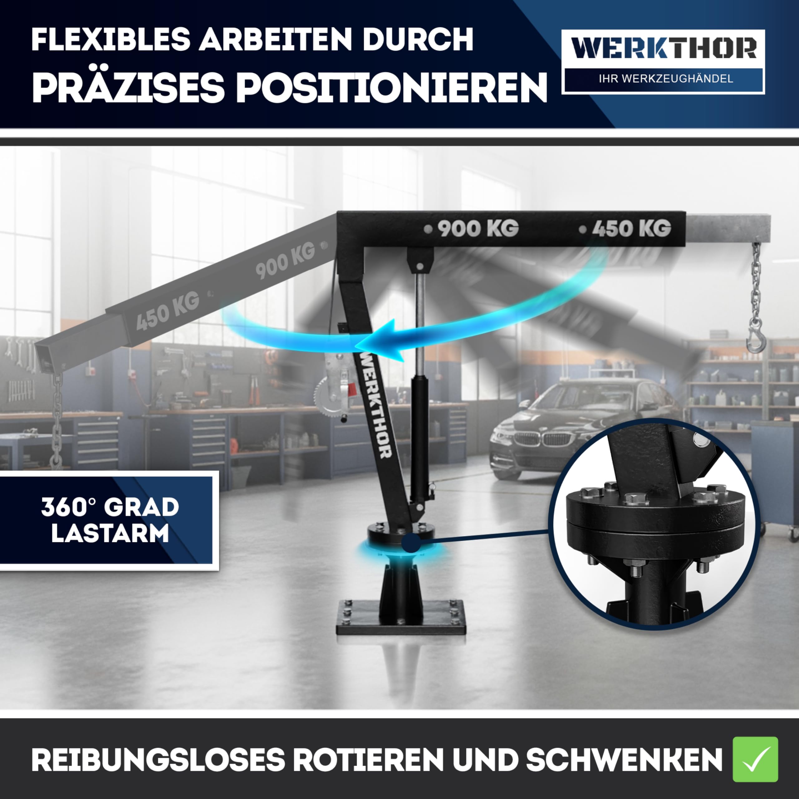 WERKTHOR Gru pickup gru di carico 900 kg con verricello e idraulico, gru pick up per rimorchio e piano, girevole a 360°, mini gru con materiale di montaggio e base solida, nero