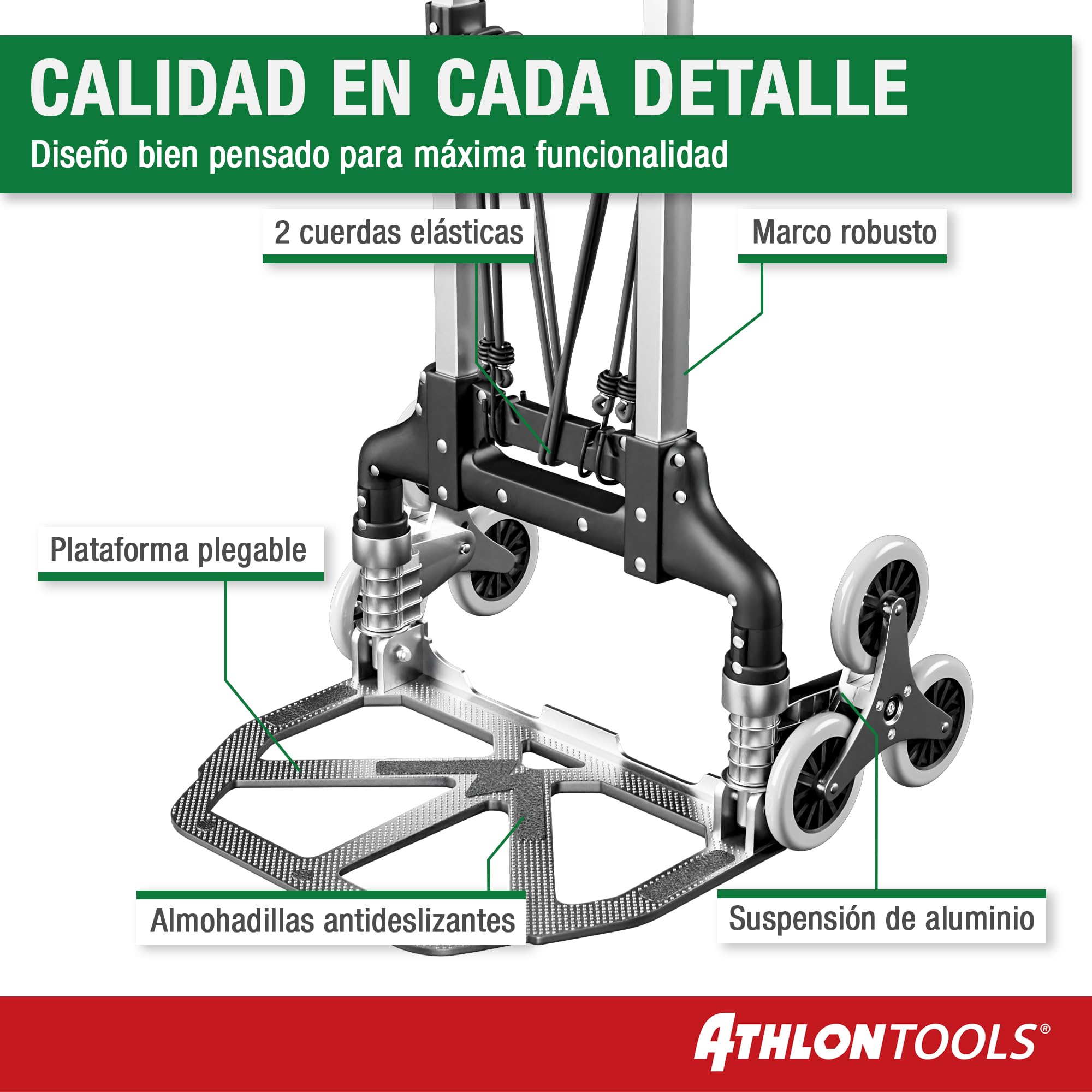 ATHLON TOOLS Carretilla Plegable de Aluminio, TÜV GS-Certificado, Mango 110 cm, Almohadillas Antideslizantes, Modelo 2025