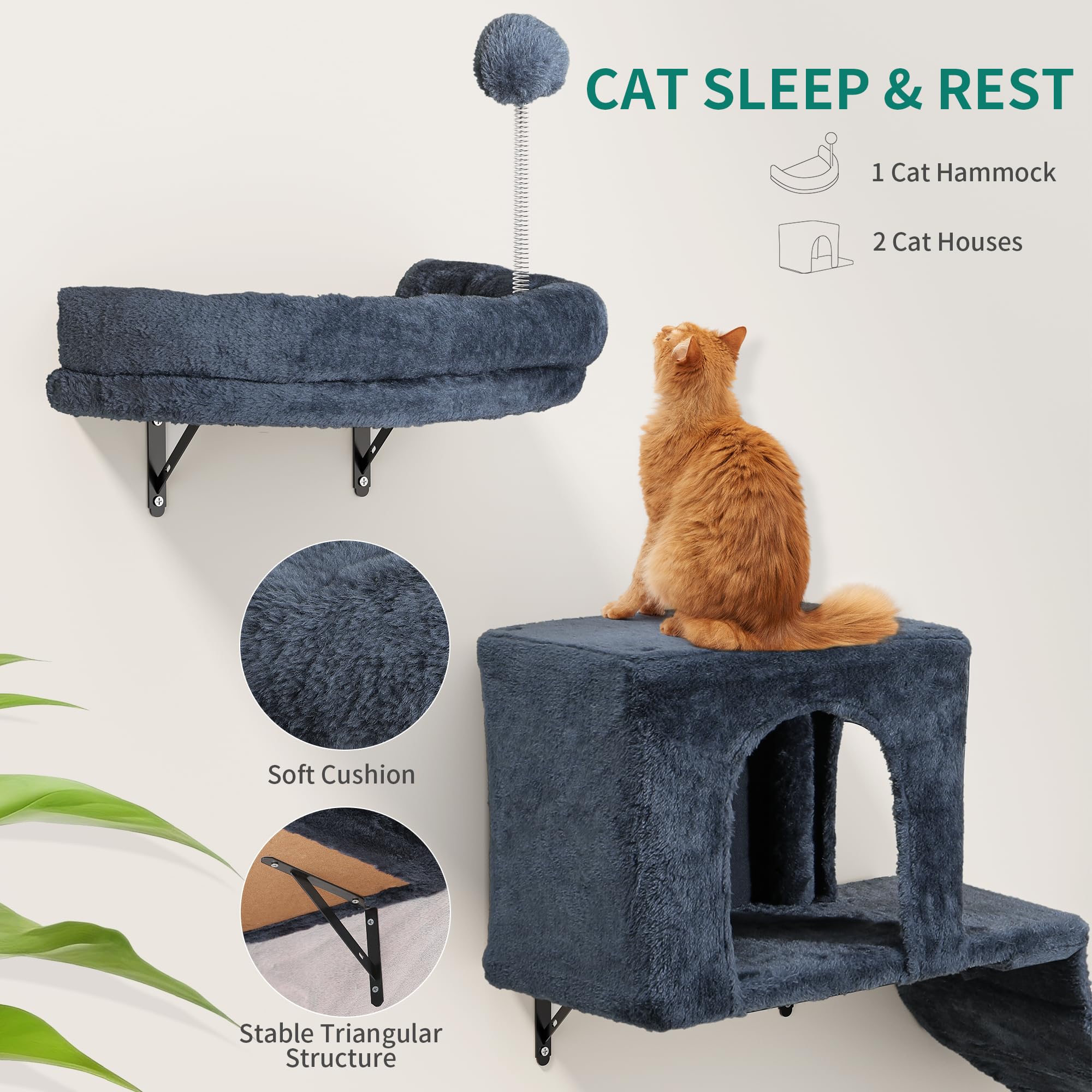 YITAHOME 8PCS Estante de Escalada para Gatos Montado en La Pared, Muebles de Pared de Madera para Gatos Árbol para Gatos con Postes Rascadores/Casa/Puente/Escaleras/Bola Colgante, Gris Oscuro