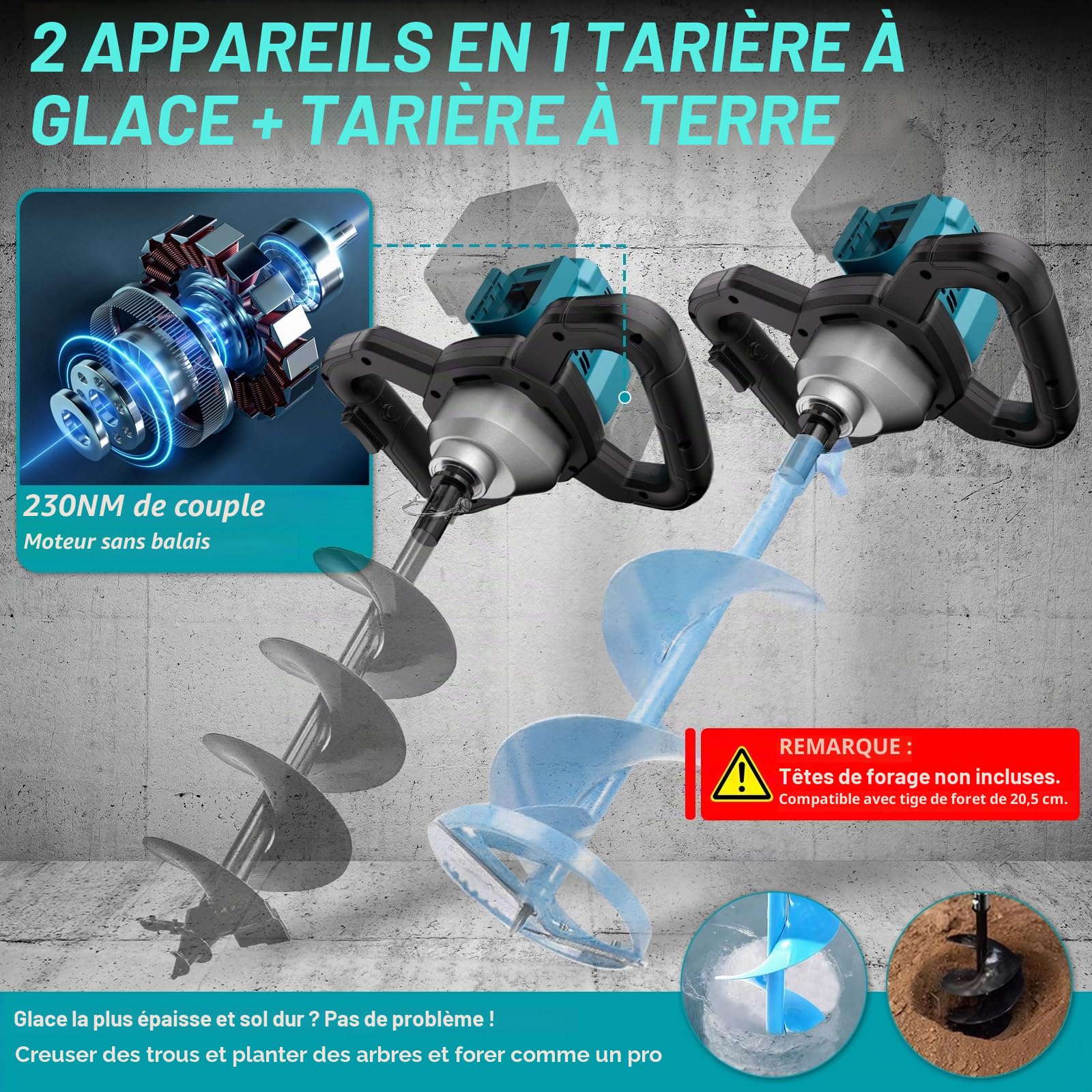 Tarière sans fil pour batterie Makita 18 V (sans batterie), perceuse électrique sans balais 1200 W, double connexion de batterie, convient pour tarière de 205 mm de diamètre (non incluse)