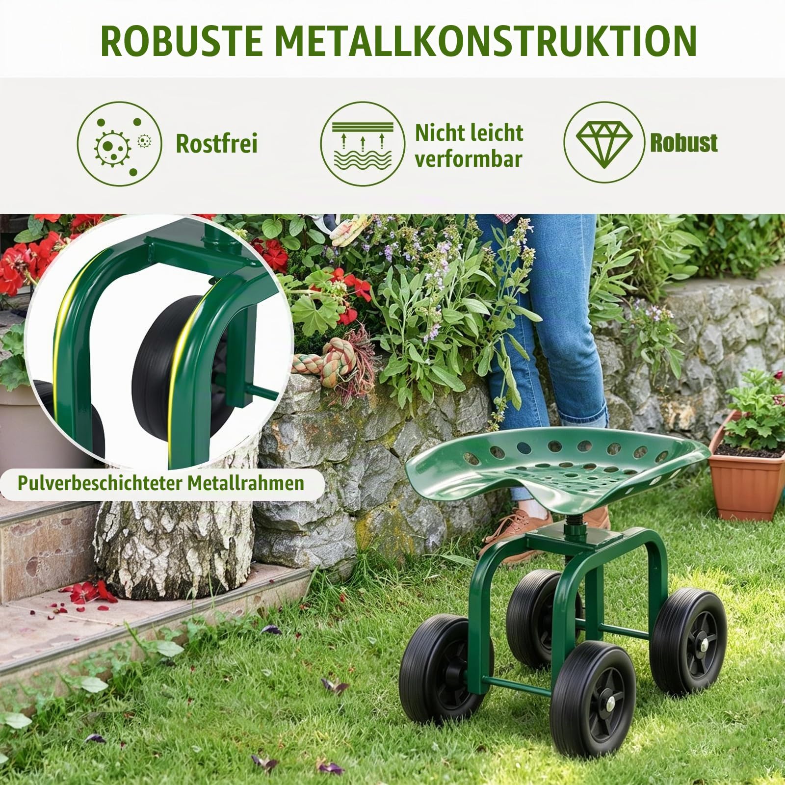 SOARS Rollsitz für Gartenarbeit, Gartensitz 360°drehbar & höhenverstellbar 40-50cm, Arbeitssitz bis 150 kg belastbar, Gartenrollsitz mit breiter Sitzfläche, für Gartenarbeit & Autopflege