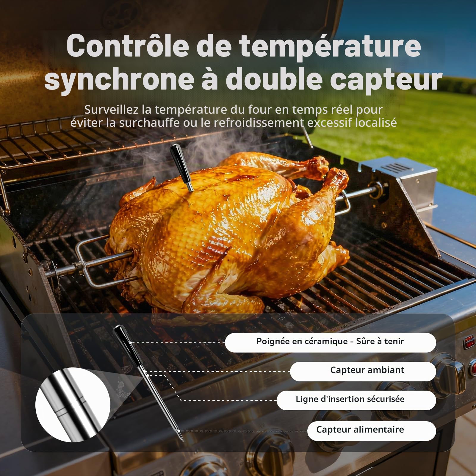 Luvan Thermomètre à viande sans fil Bluetooth, Double commande APP & Base, IP67 étanche, Thermomètre numérique pour BBQ, four, fumoir, friteuse à air