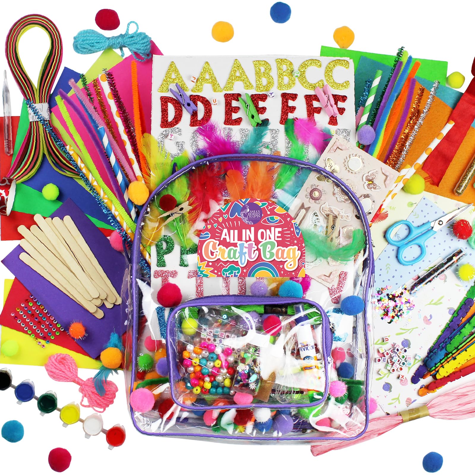 Asian Hobby Crafts 35-in-1 Art and Craft Bag for Boys & Girls 4+ Years | 500+ DIY Activities Set | School Craft Supplies Kit | Back to School Essentials | Transparent Zipper Bag | Gift for Kids
