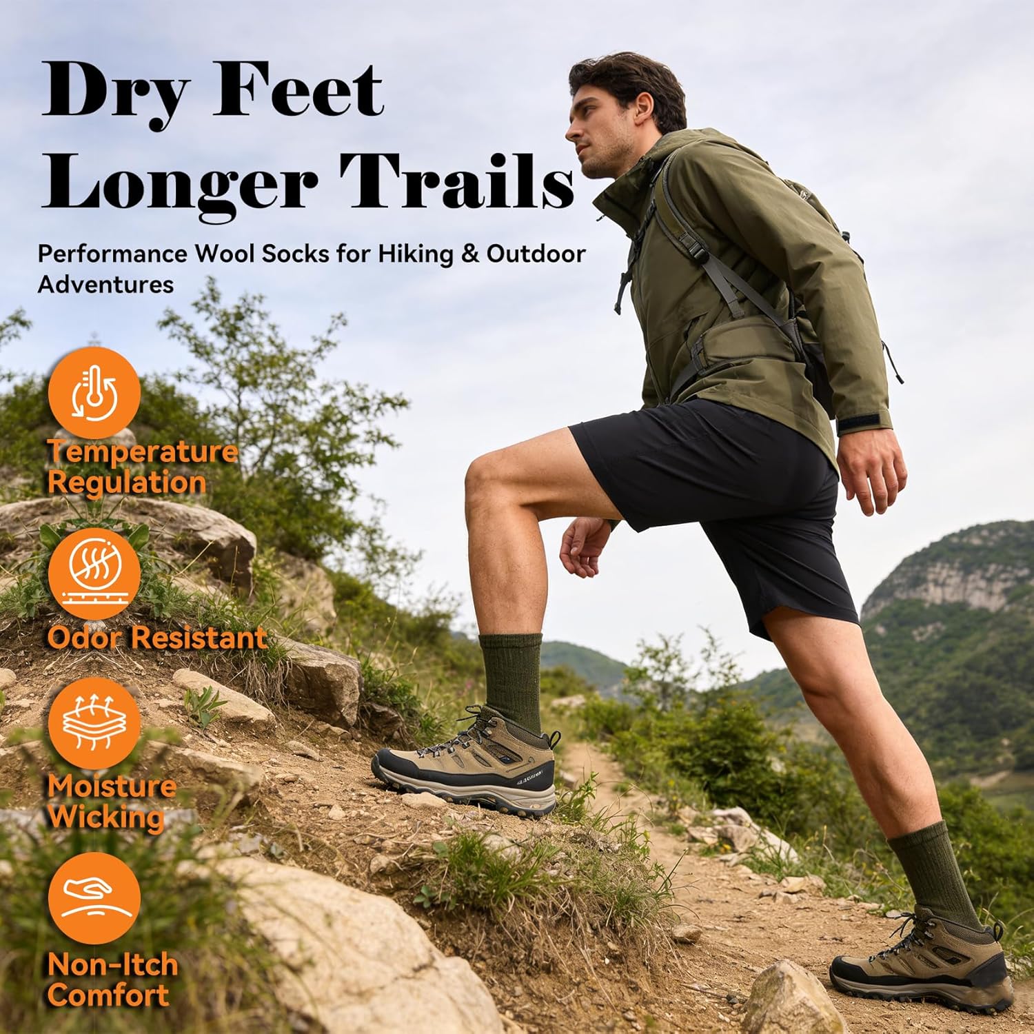 Merino Wool Toe Socks for Men and Women, Five Finger Hiking Socks, Warm Thermal Boot Sock for Winter, 3 Pairs