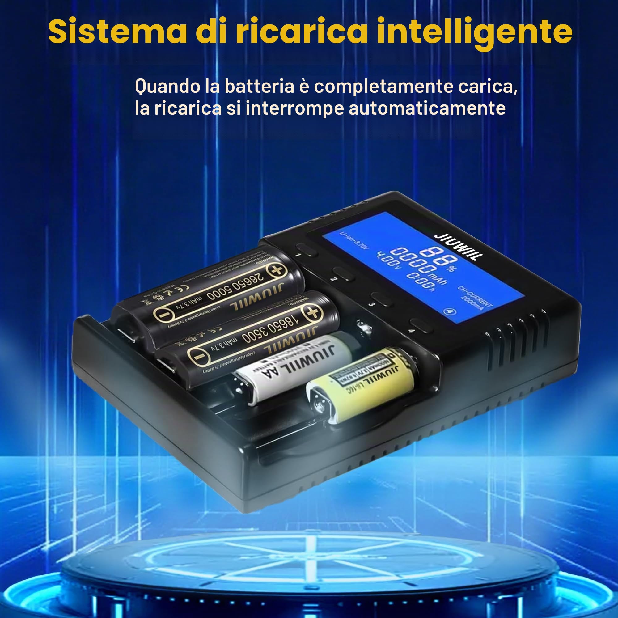 Caricabatterie 18650, Caricabatterie Universale a 4 slot con Display LCD per Batterie Ricaricabili Li-Ion 26650 17500 16340 (RCR123) 14500 10440 16340