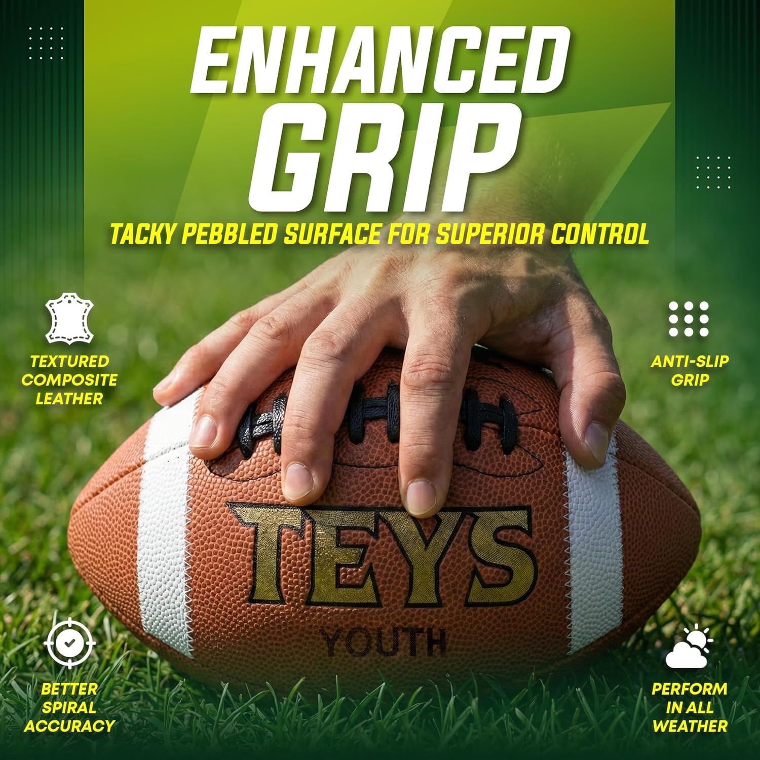 TEYS Game Football: Premium Composite Leather with Double-Laced Stitching for Added Strength. Tacky Pebbled Surface ensures Superior Grip. (Size 5 - Peewee, 6 - Junior, 7 - Youth, 9 - Official)