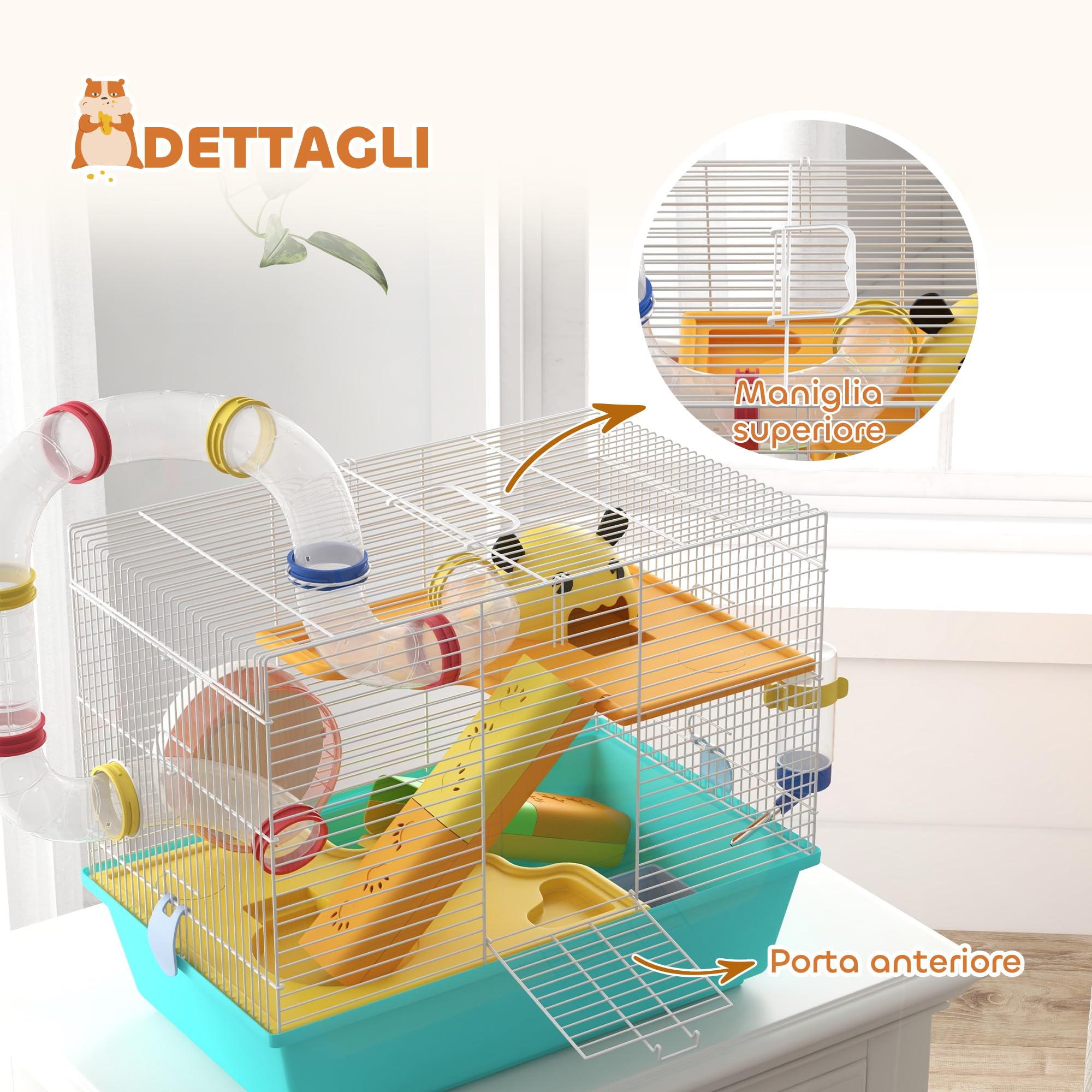 PawHut Gabbia per Criceti con Ruota, Casetta, Ciotola, Rampe e Serbatoio dell'Acqua, Gabbia per Gerbilli in Acciaio, PS e PP, 45x28x37 cm, Bianco e Azzurro