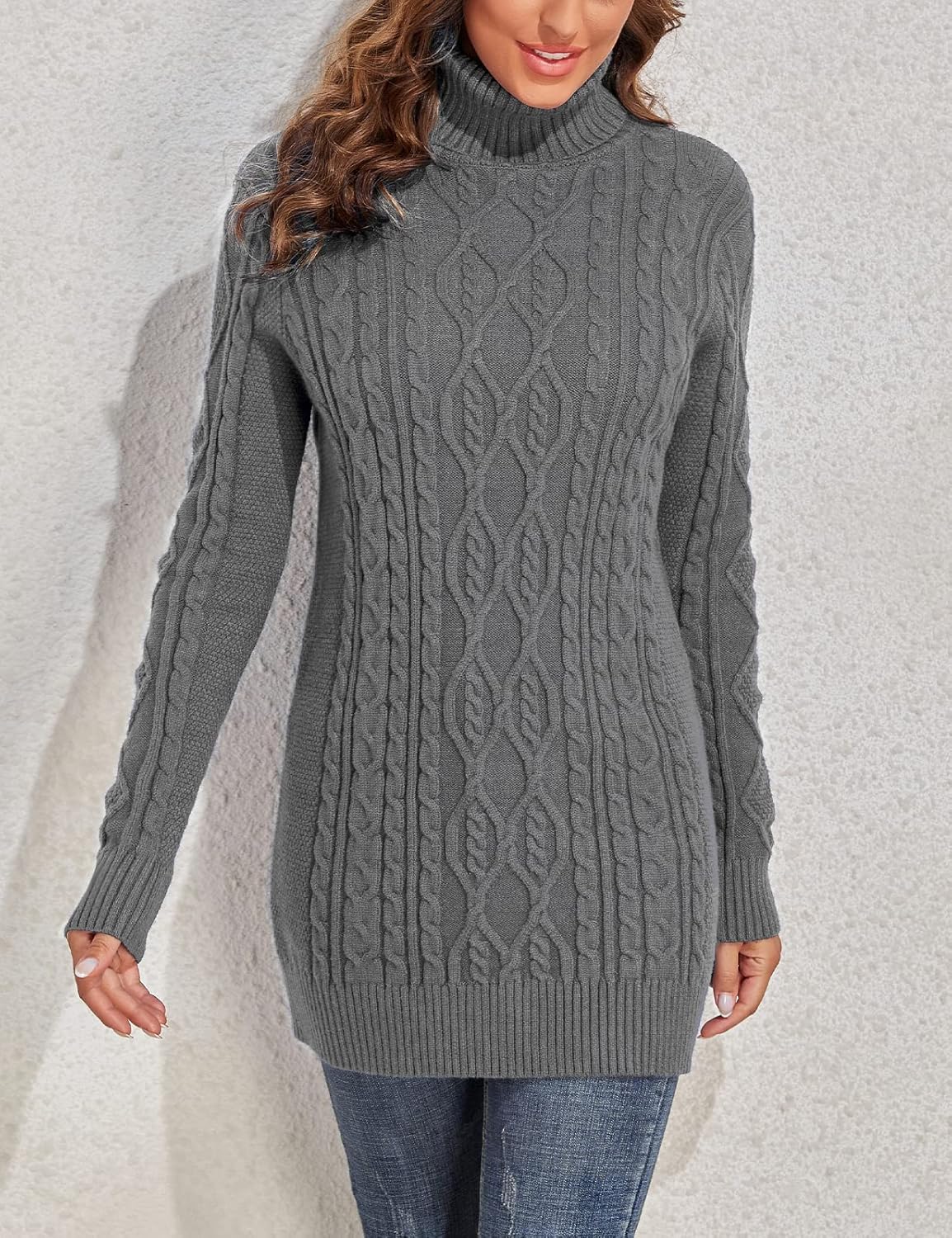 PrettyGuide Women's Long Sweaters Turtleneck Plus Size Cozy Cable Knit Tunic Sweater Tops - Image 4