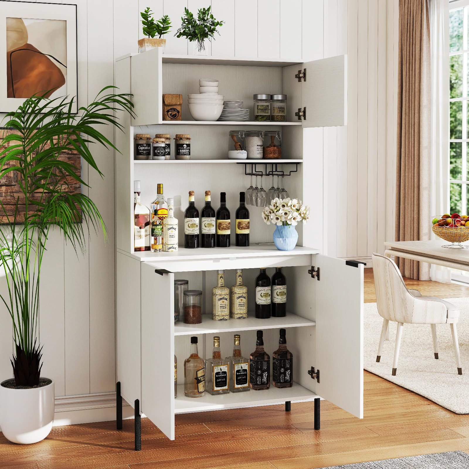 GOPLUS Armario Despensa de Cocina, 164 cm Alacena de Almacenamiento con Enchufes, Botelleros, Puertas y Estantes Ajustables, Aparador Buffet Independiente para Comedor Sala de Estar Cafetería (Blanco)