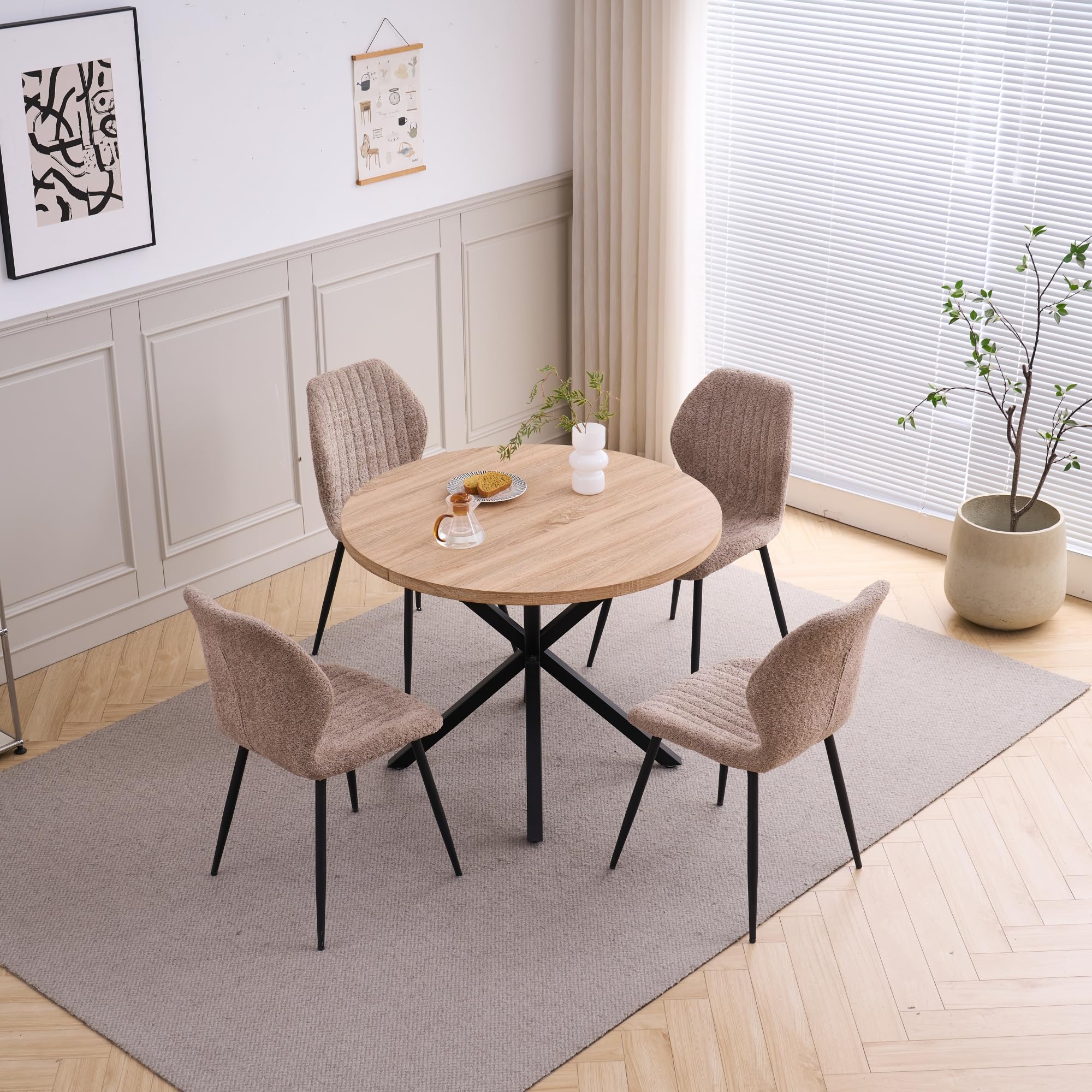 Esstisch und Stuhlset, 100 * 100 * 76.5 cm Runder Esstisch und 4 Moderne Teddy-Fleece Stühle,Metallbeine, für Esszimmer, Küche, Wohnzimmer,Helle Holzmaserung + Braun