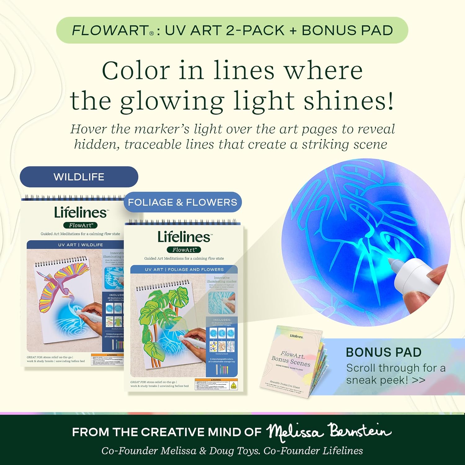 Lifelines FlowArt Activity Pads, UV Art 2-Pack & Bonus Pad - Guided Art Meditations with Illuminating Marker - Color by Light Coloring Books for Tweens, Adults & Seniors - Patent-Pending