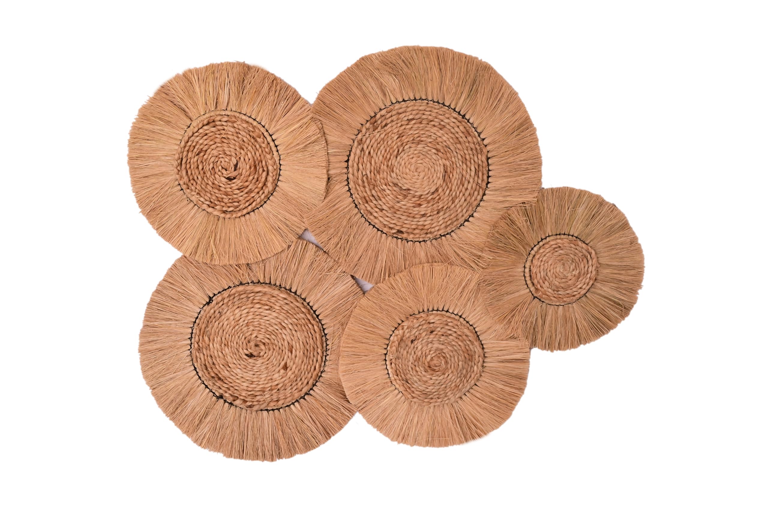 EKOH HOME Handcrafted Natural Grass Wall Decor, 5-Piece Circular Pattern, Jute Fringe Design-image-48