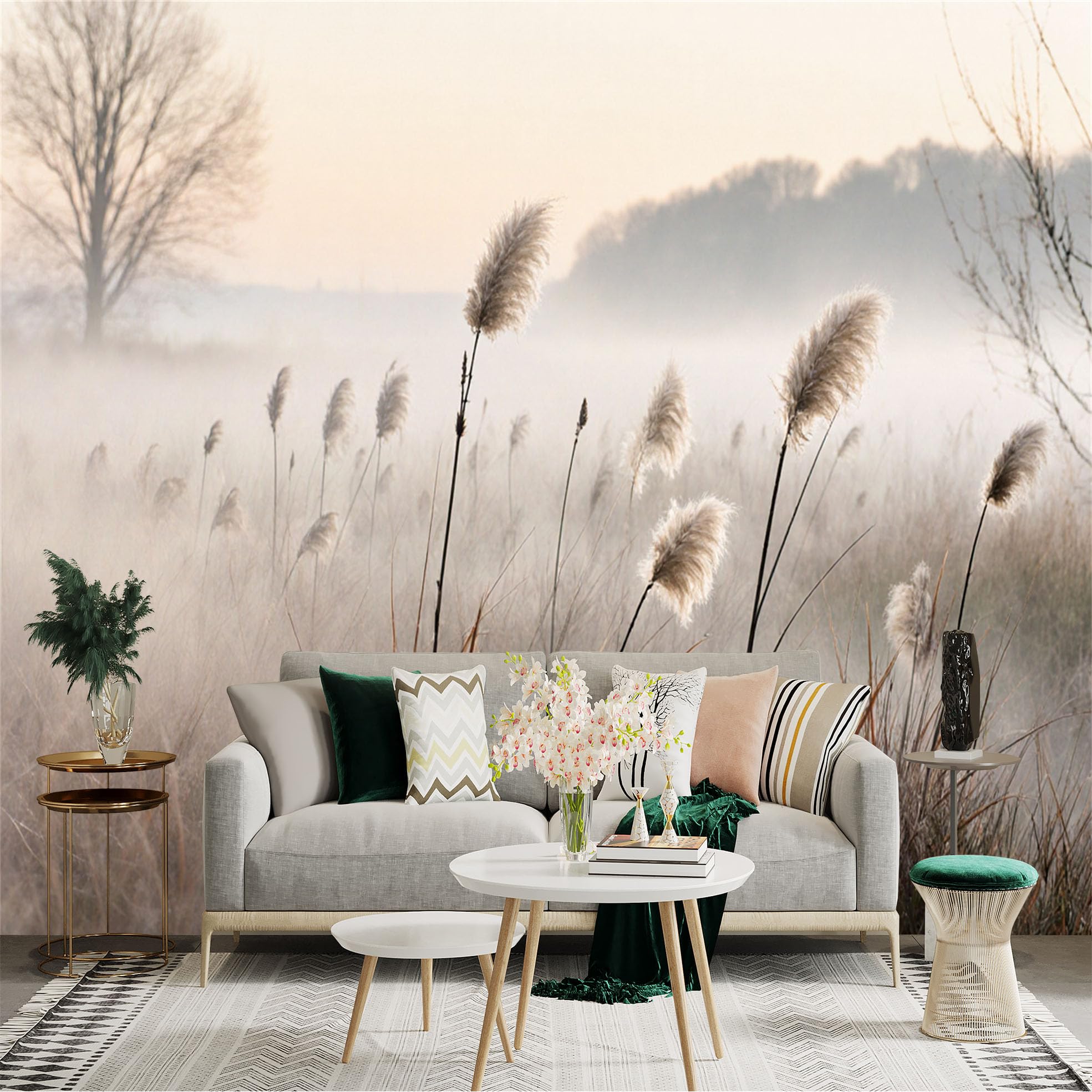 Lnzczhyre Xc260505041 Custom Size Wall Sticker Mural， Misty Morning Meadow， Soft Pampas Reeds In Fog， Serene Rural Nature Landscape， For Wall Decoration， Peelandstick Wall Decals.