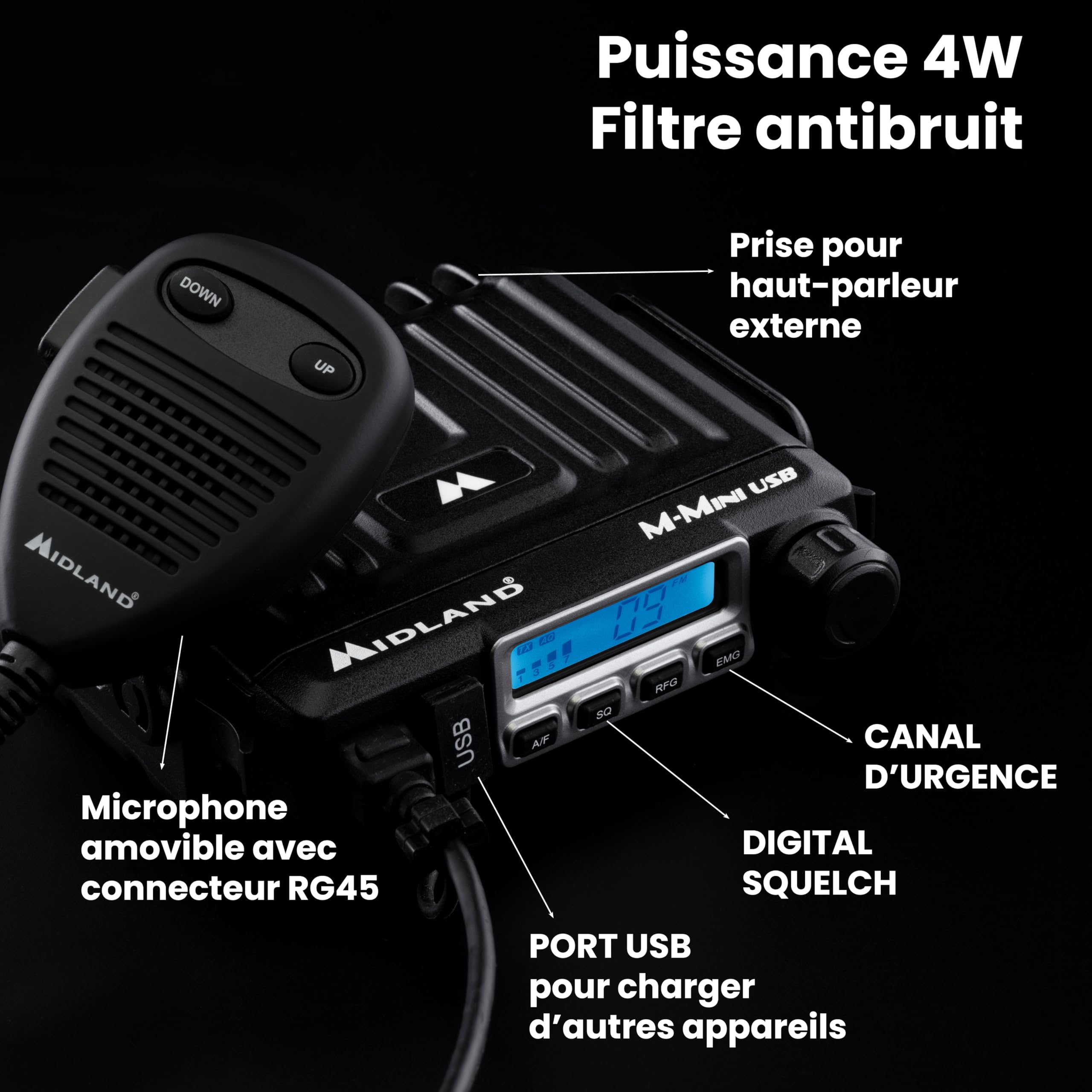 Midland- Radio CB GO-USB, Radio Récepteur Émetteur Portable sans Licence avec M-Mini USB, 40 Canaux AM/FM et d'urgence 9/19, 4W, Écran LCD S-Meter, Double Squelch, Prise et Antenne magnétique LC29