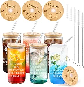 6 Pack Thank You Gift Glass Cup with Bamboo Lids and Straws 16 oz Beer Drinking Glass Can Shaped Glass Cup Inspirational Employee Appreciation Gifts for Staff Nurse Teacher