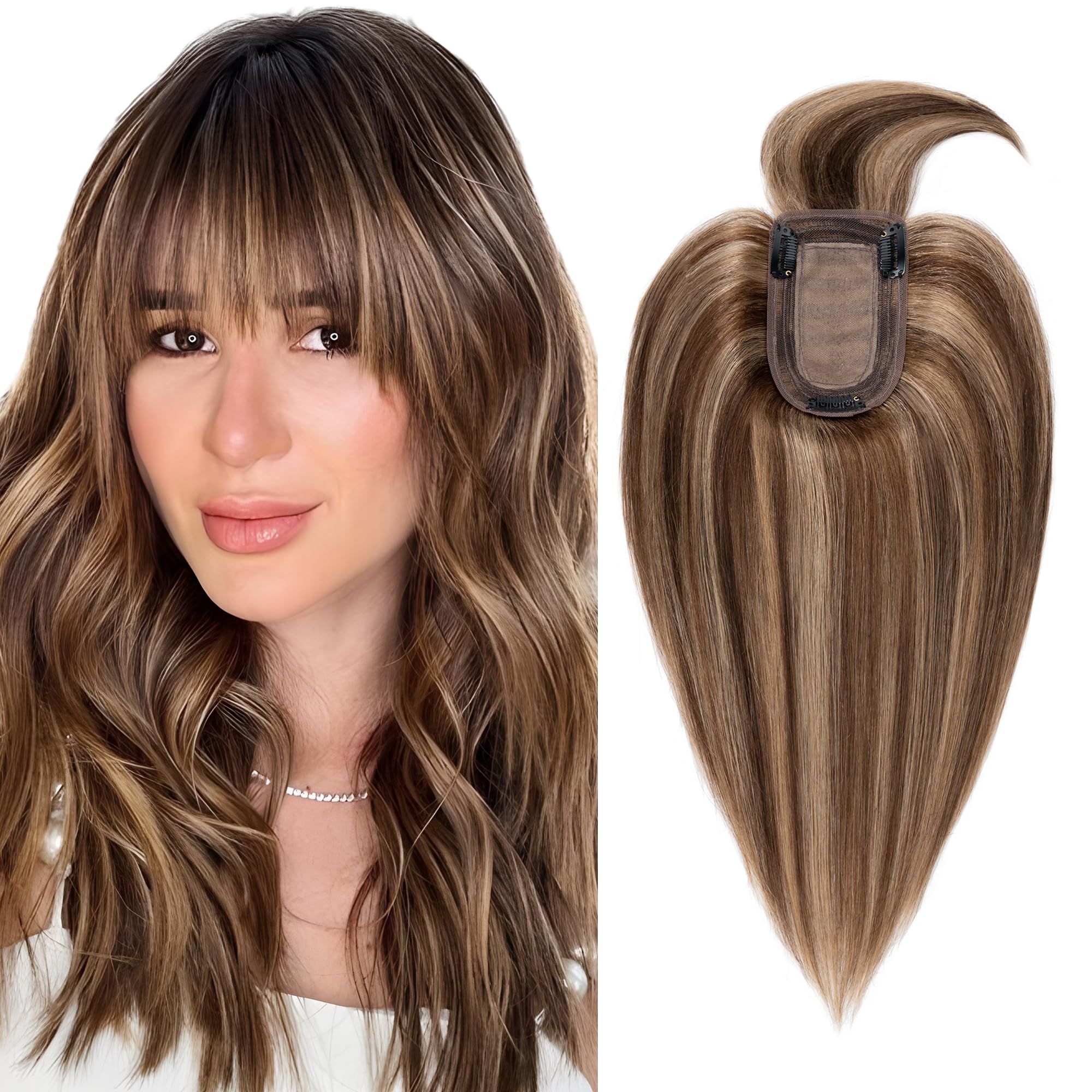 SEGO Hair Toppers for Women Real Human Hair with Thinning, with Front Bangs Clip in Toppers Straight 150% Density Silk Base -18 Inch #4/27 Medium