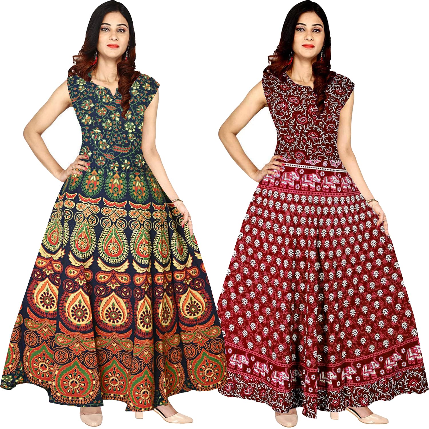 Women's Cotton Rajasthani Jaipuri Traditional Floral Printed Long midi Dress Pack of 2-picture-24