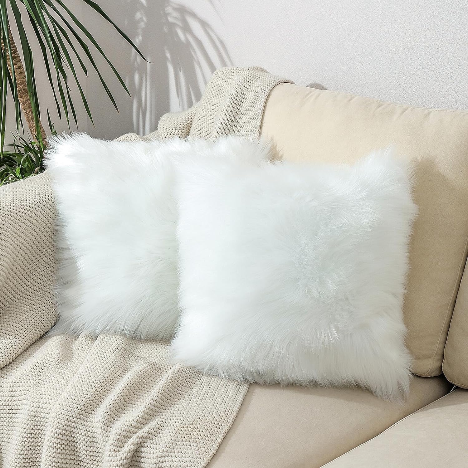 Excluding Insert Faux Fur Sheepskin Pillow Cover White Shag Fuzzy 18x18 Inch White 2 Pcs Super Soft Fluffy Cushion Plush Pillow Case Luxury Living Room Sofa Bed Home Decor Chair Cushion - Image 9