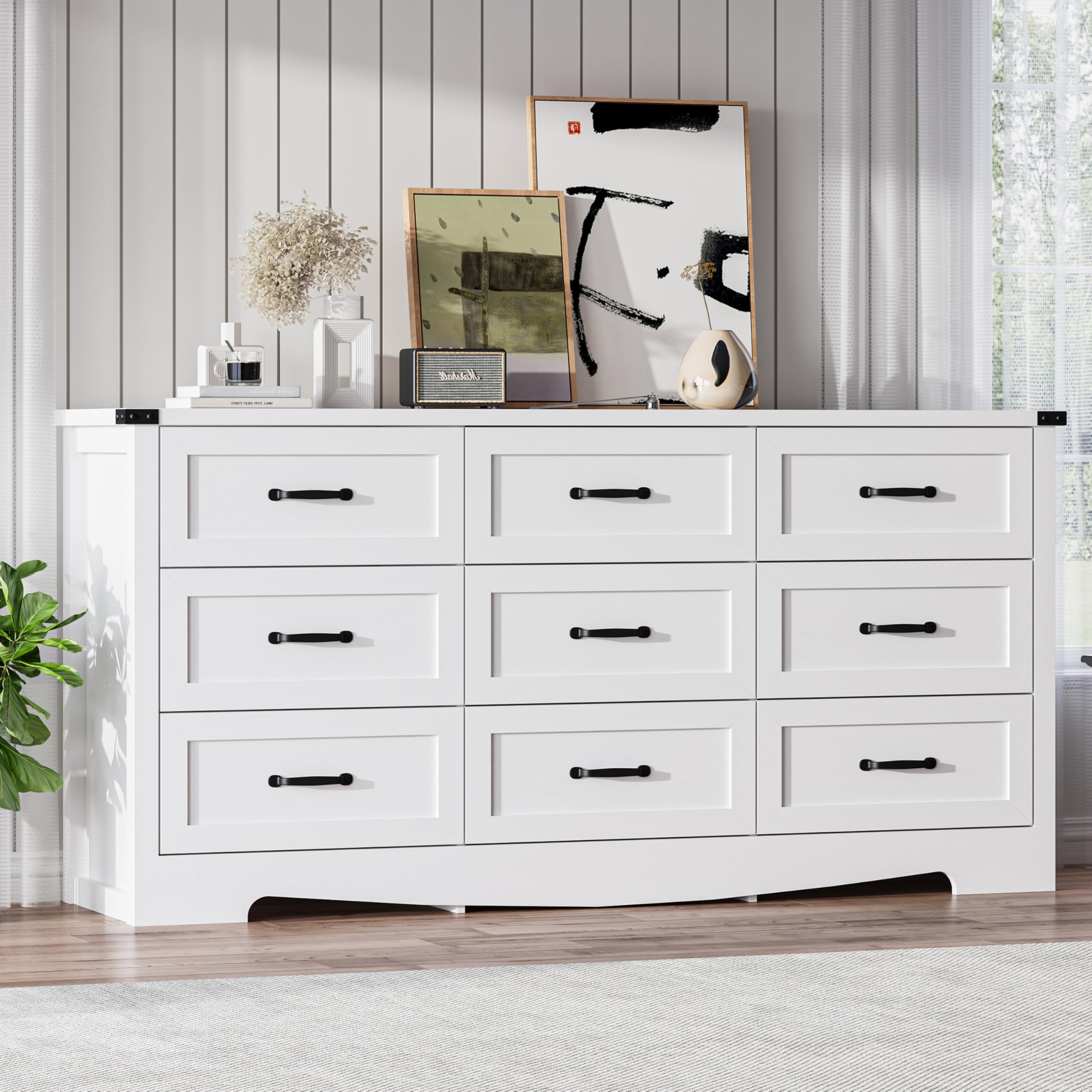 Thacuok White Dresser for Bedroom, 59'' Wide Wooden Chest of Drawers with Natural Wood Texture, 9 Drawer Dresser for Closet with Metal Handles, Sleek