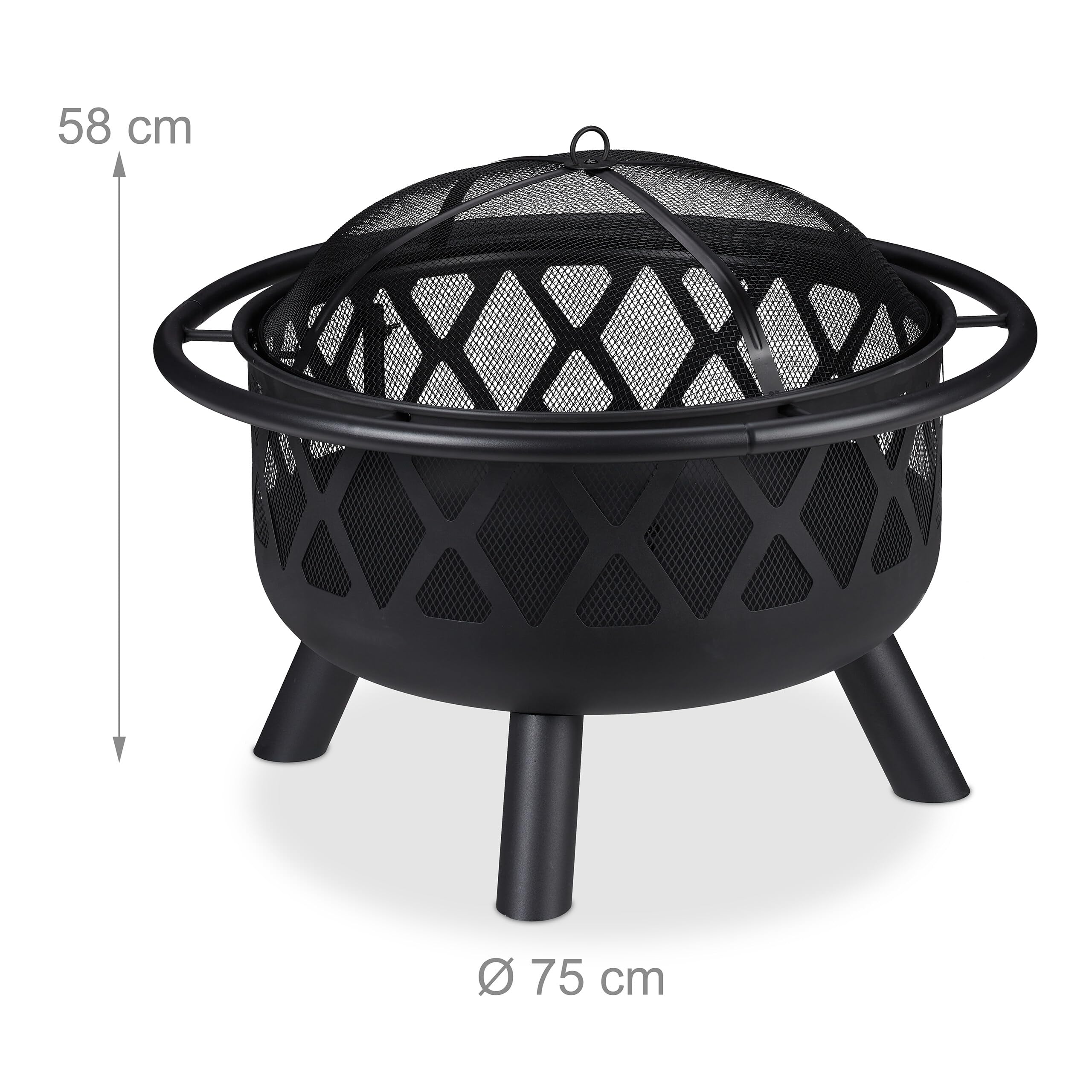 Relaxdays Brasero avec Grillage, avec Protection étincelles & tisonnier, terrasse, D 75 cm, Jardin et terrasse, Noir