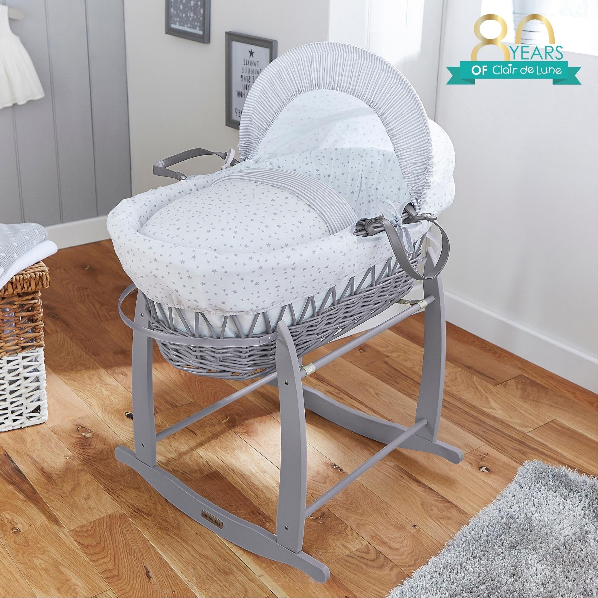 Clair de Lune Couffin en osier avec motifs rayés et étoilés Matelas et capuche réglable (Gris)