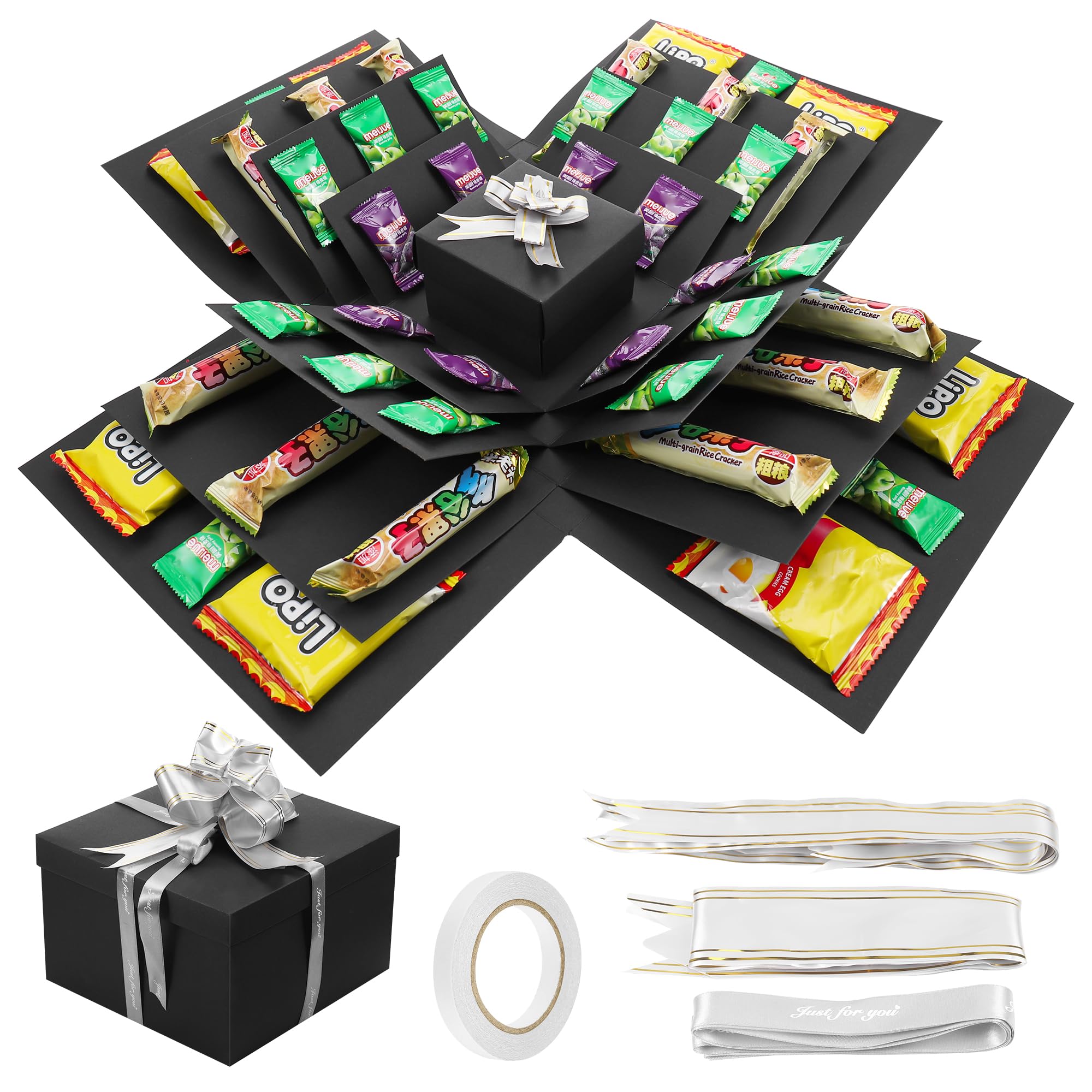 JIANTA 5 Layer Creative Explosion Gift Box, Snack Explosion Box with Ribbon and Double-Sided Tape, DIY Surprise Box for Birthdays, Valentine's Day, Wedding, Anniversaries (Black) โ image 1