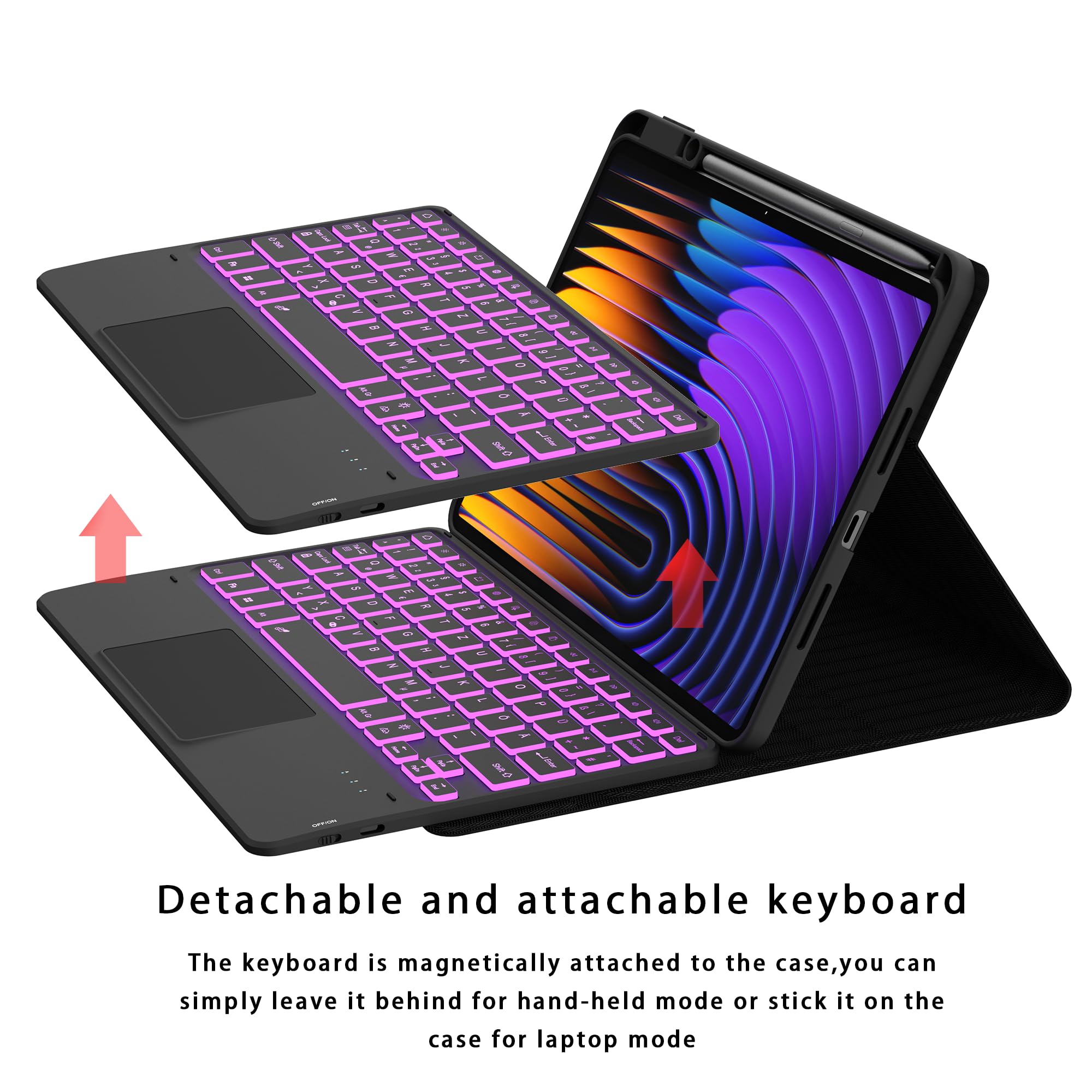 ROOFEI Custodia per Xiaomi Pad 7/Pad 7 Pro 11.2 pollici con tastiera: illuminazione a 7 colori, Smart Touchpad, tastiera rimovibile layout QWERTZ con portapenne per Xiaomi Pad 7/Pad 7 Pro 11.2 2024