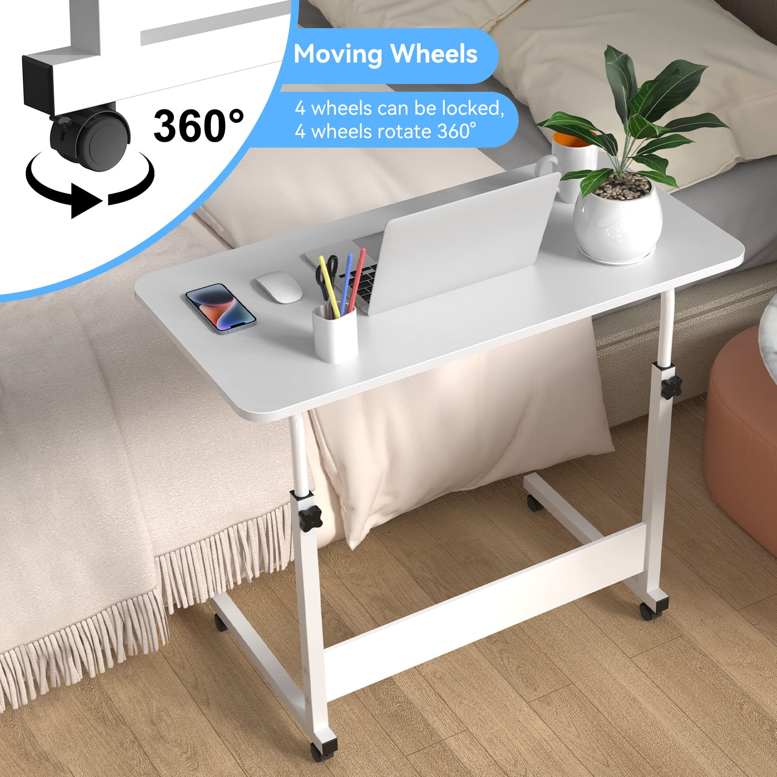 Beistelltisch Mit Rollen & Steckdose - Höhenverstellbarer C-Tisch Vintage Braun