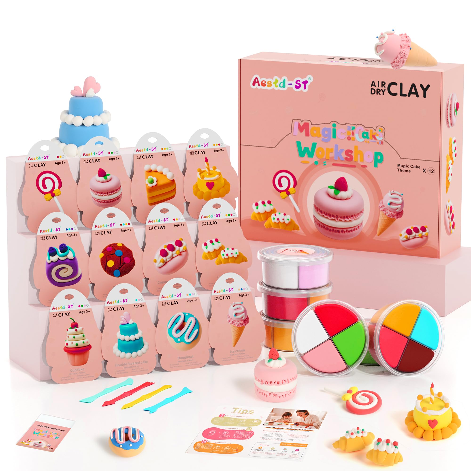 Air Dry Clay Kit - Cake Themed, Modeling Clay for Kids, DIY Model Magic Clay with Sculpting Tools and Tutorials, 12 Boxes Molding Clay, Ultra Light, Soft & Non-Sticky, Arts and Crafts Gift for Kids