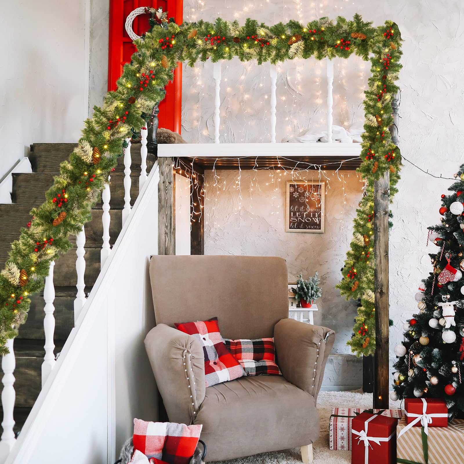 Daifunli Künstliche Weihnachtsgirlande mit 50 LED-Lichtern, 2,9 m, rauchige Tannengirlande, Dekoration für Zuhause, Kaminsims, Treppen, Kamin, 4 Stück
