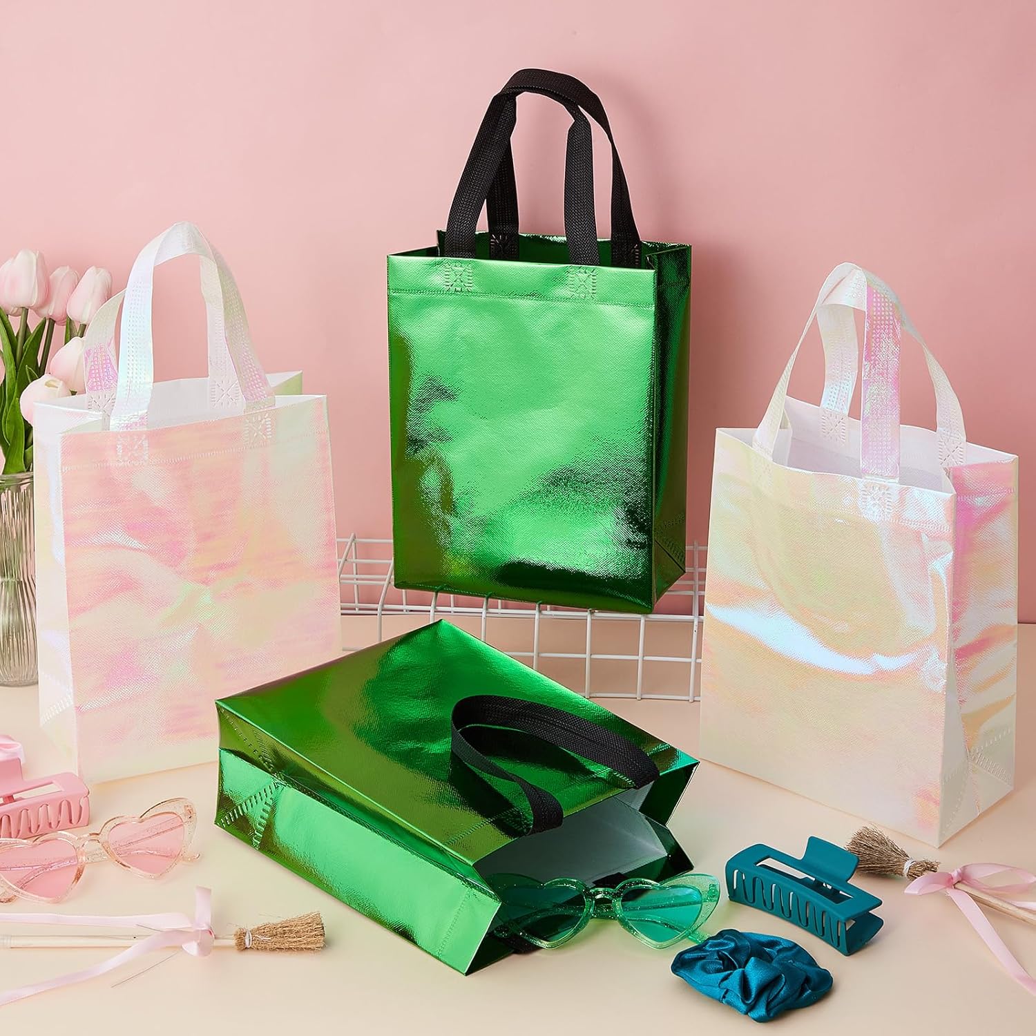 Honeydak 12 Pcs Pink and Green Party Decorations Witch and Princes Birthday Party for Women Shiny Green and Pink Gift Bags Bulk Treated Candy Goodie Non Woven Reusable Gift Bag with Handles 8Wx4Dx10H - Image 3