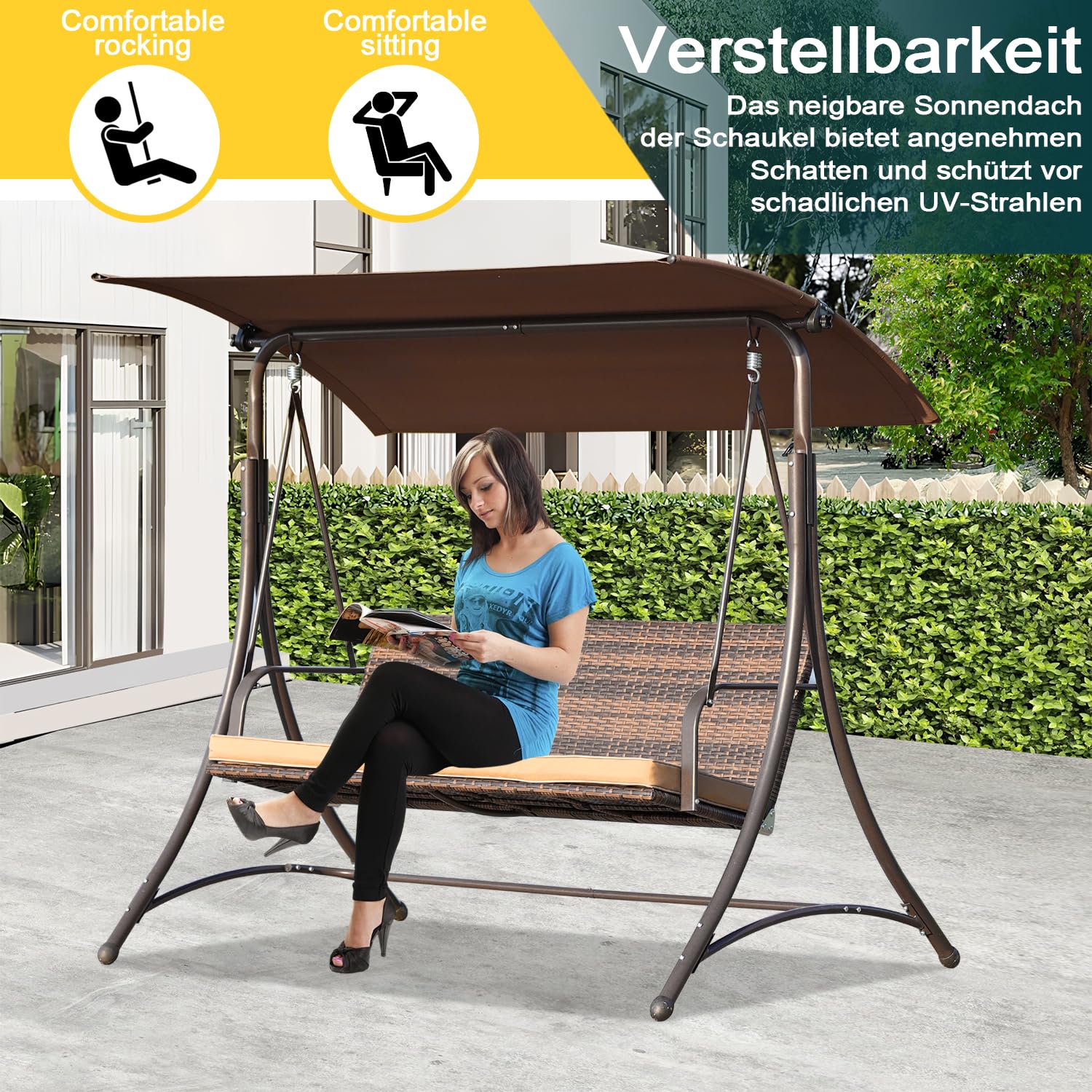 Angel Living Hollywoodschaukel Gartenschaukel Rattan 3-Sitzer mit Sonnendach und Sitzbezug170 x 110 x 157 cm (Braun)