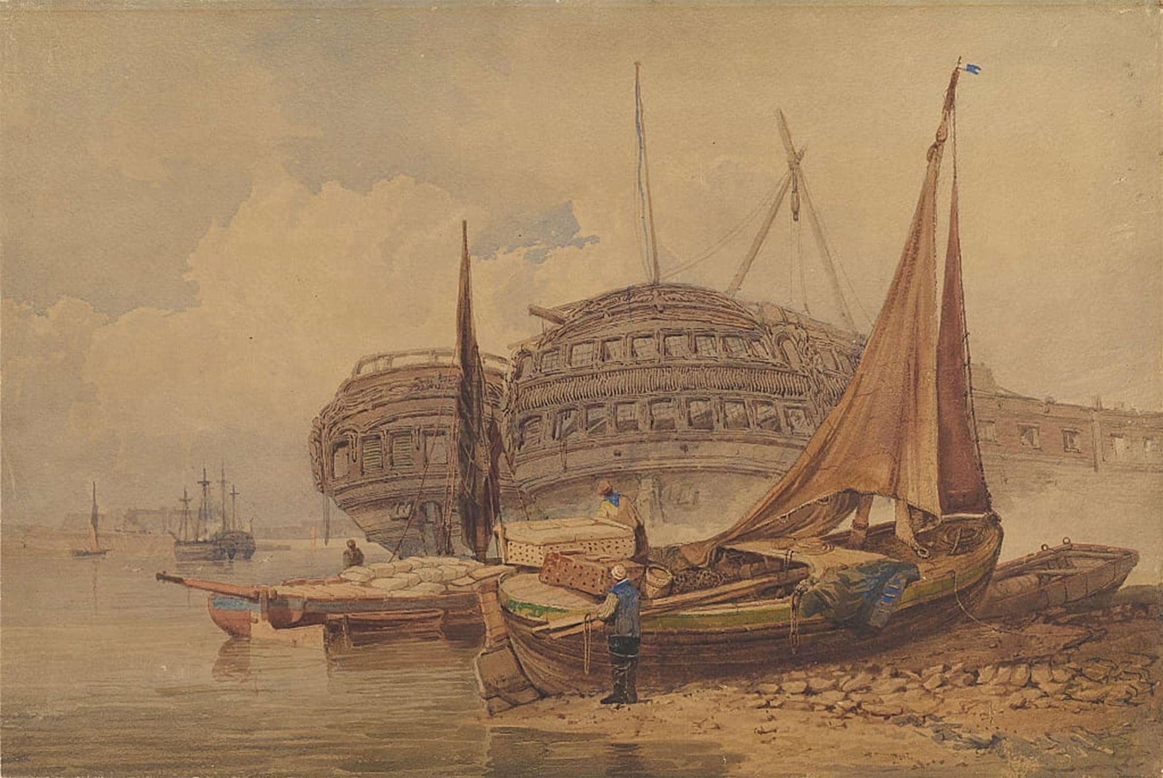 ARTXLXXBN Famous Print Painting Colorful Art Print Coastal Scene with Beached Boats in Foreground by Samuel Prout Canvas Art Decorations for Home Decor 60x90cm