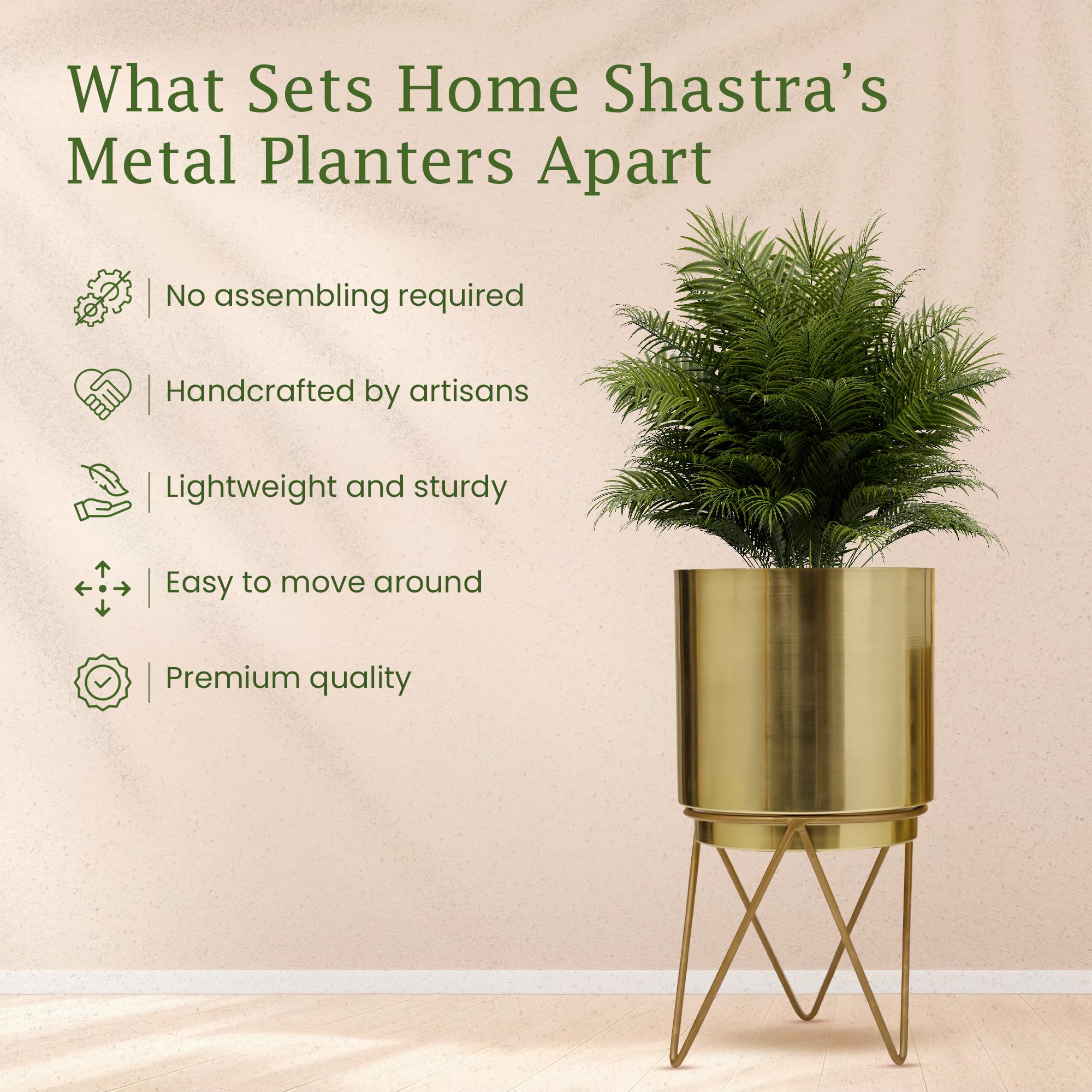 HomeShastra® Elle Gold Metal Planter with Stand | 12 Inch (Height) by 7 Inch (Dia) | Planters for Living Room, Bedroom Dec (Pack of 1) 2