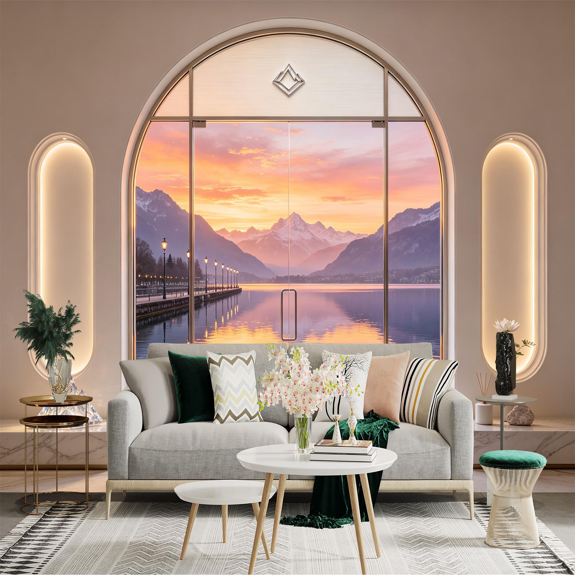 Custom Size Wall Sticker Mural， Sunset Lake View with Mountain Reflection and Pier Lights， for wall Decoration， peelandstick wall Decals.