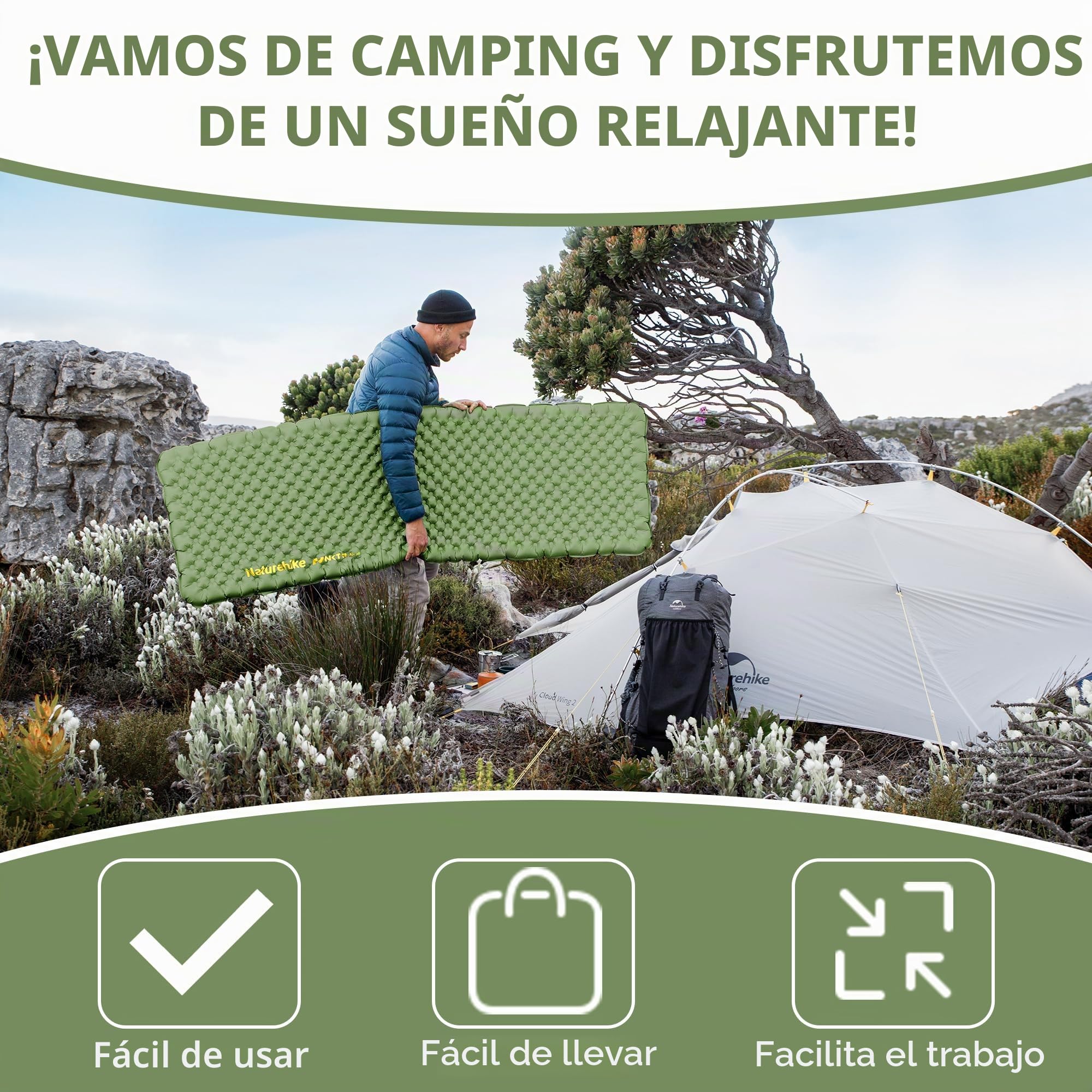 Naturehike Colchoneta Hinchable 4.6R-Valor para Camping, Portátil e Individual - Ideal para Trekking, Senderismo, Montañismo, Mochilero y Actividades Outdoor