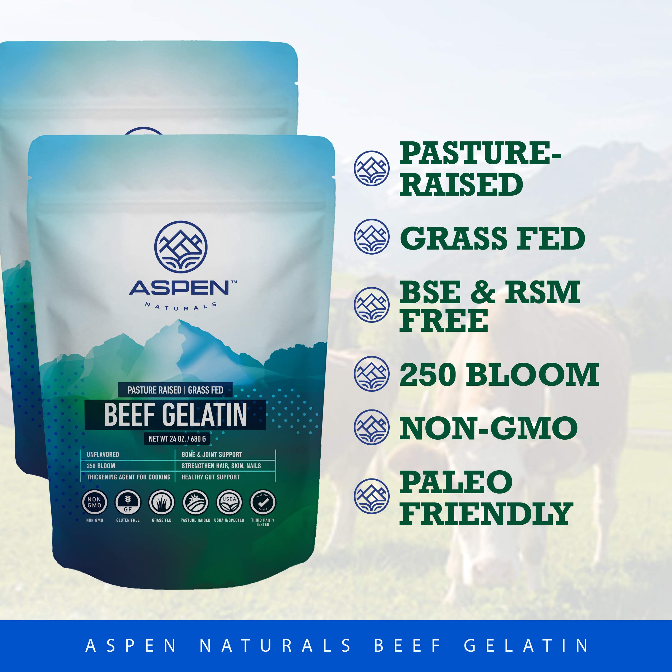 Aspen Naturals Grass Fed Beef Gelatin Powder. Pasture Raised, GrassFed