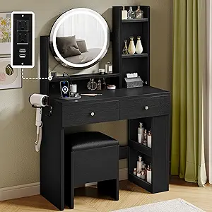 DWVO Makeup Vanity Desk with LED Lighted Mirror, Black Vanity Set with Charger Station, Small Spaces Vanity Table for Bedroom, Adjustable 3 Lighting Modes, Makeup Table with Chair, 31.5in(L)