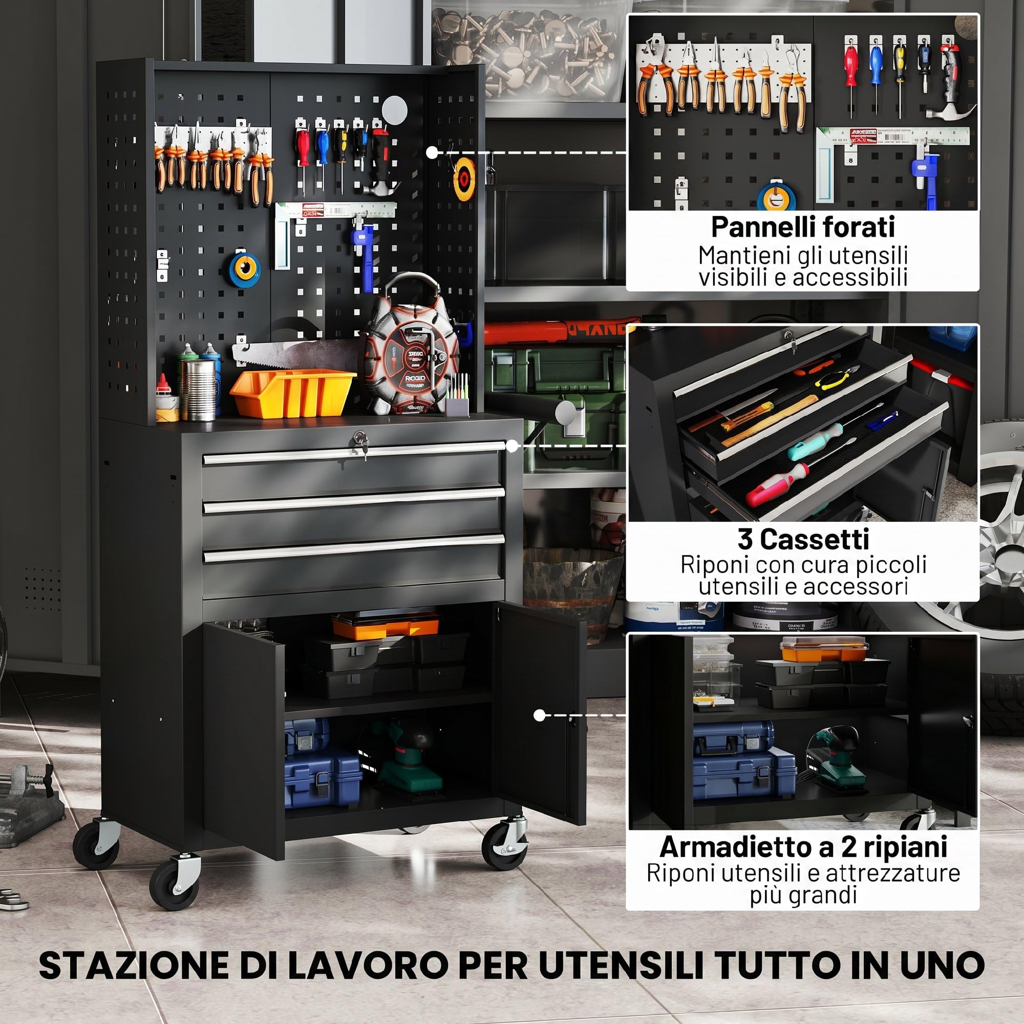 HOMCOM Carrello Porta Attrezzi in Acciaio con Serrature, Carrello Portautensili da Officina con Piano di Lavoro, 3 Cassetti, Armadio, Pannelli Forati, Ruote, Maniglia, Capacità 80kg, Nero