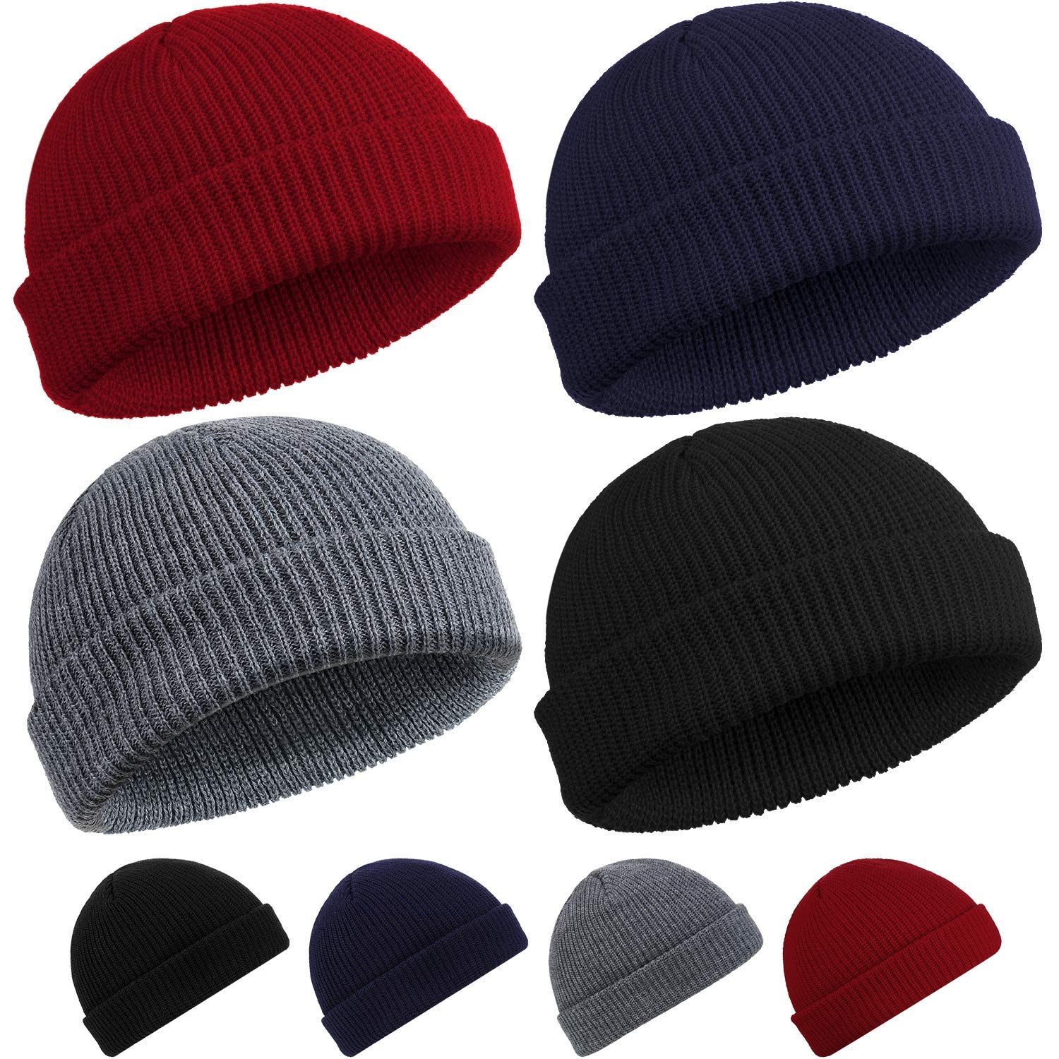 Azonee4 Pieces Trawler Beanie Watch Hat Roll up Edge Skullcap Fisherman Beanie Unisex - L - multi