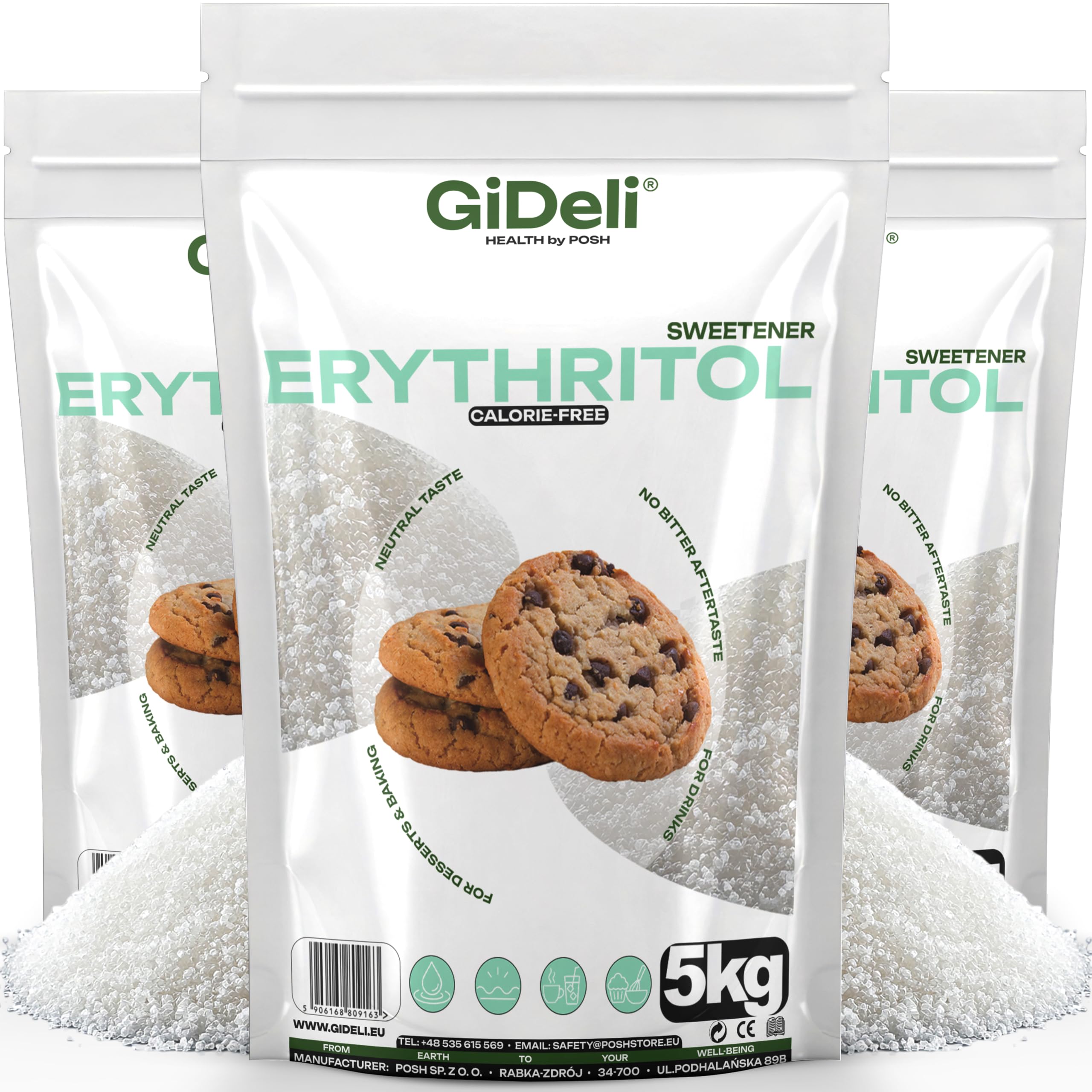 GiDeli Erytrytol 15 kg, 3 Torby po 5 kg - Słodzik Krystaliczny 0 Kalorii