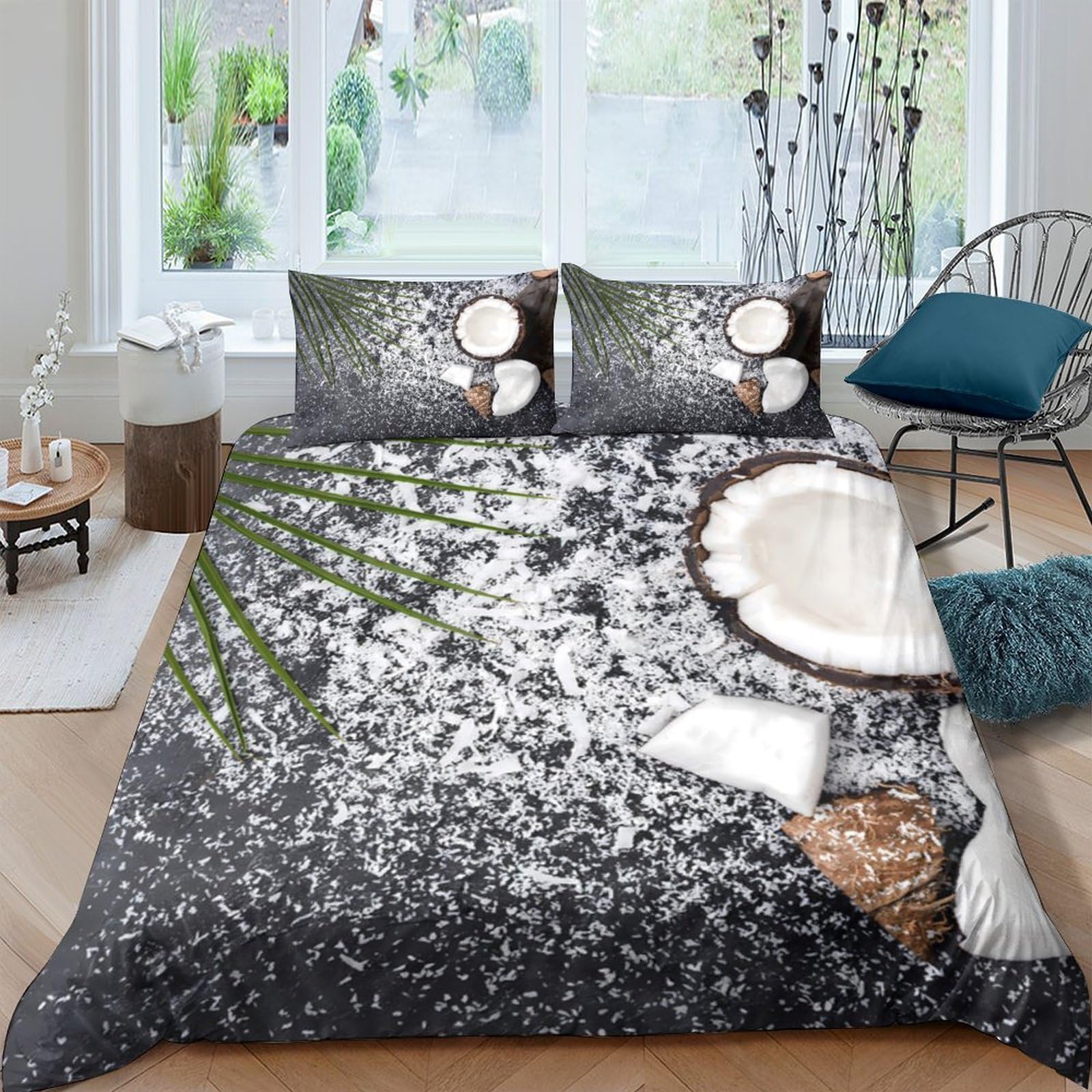 GPLZQXKJNH 3D Printed Coconut Beach Duvet Cover Microfiber Soft Tropical Palm Bedding Set with 2 Pillowcases for Bedroom Decor Single（135x200cm）