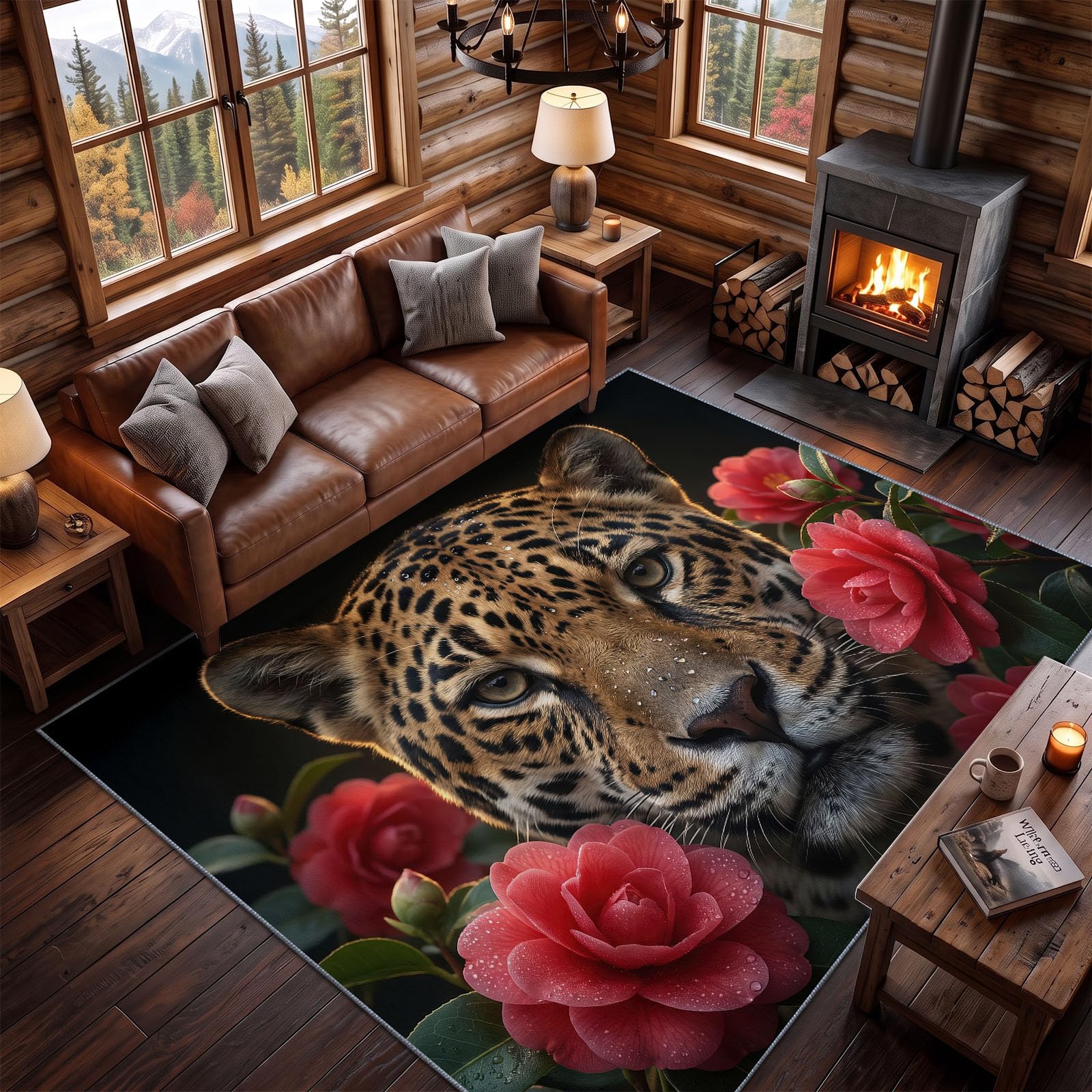 Générique Peinture À l'huile Réaliste Tapis de Salon Lavable en Machine 80 x 150 cm, Tapise antidérapant, Tapis de Chambre Style Guépard Roses Rouges Fleurs Fraîches pour Le Salon, l'entrée, Noir