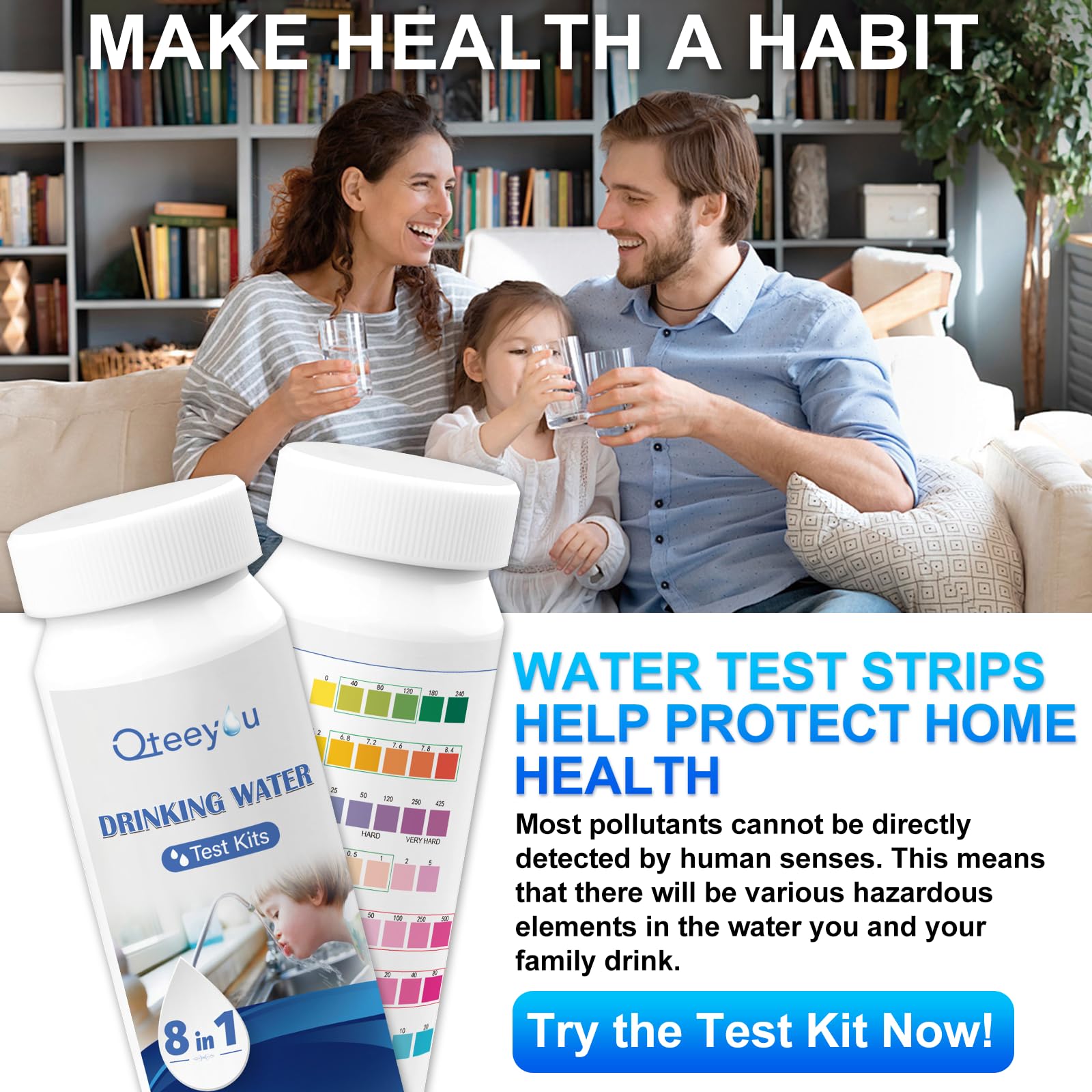 Kits de prueba de agua para agua potable, kit de prueba de agua potable 8 en 1, tiras de prueba de agua de pozo y grifo para el hogar para dureza, tiras de prueba de plomo para alcalinidad, pH, cobre