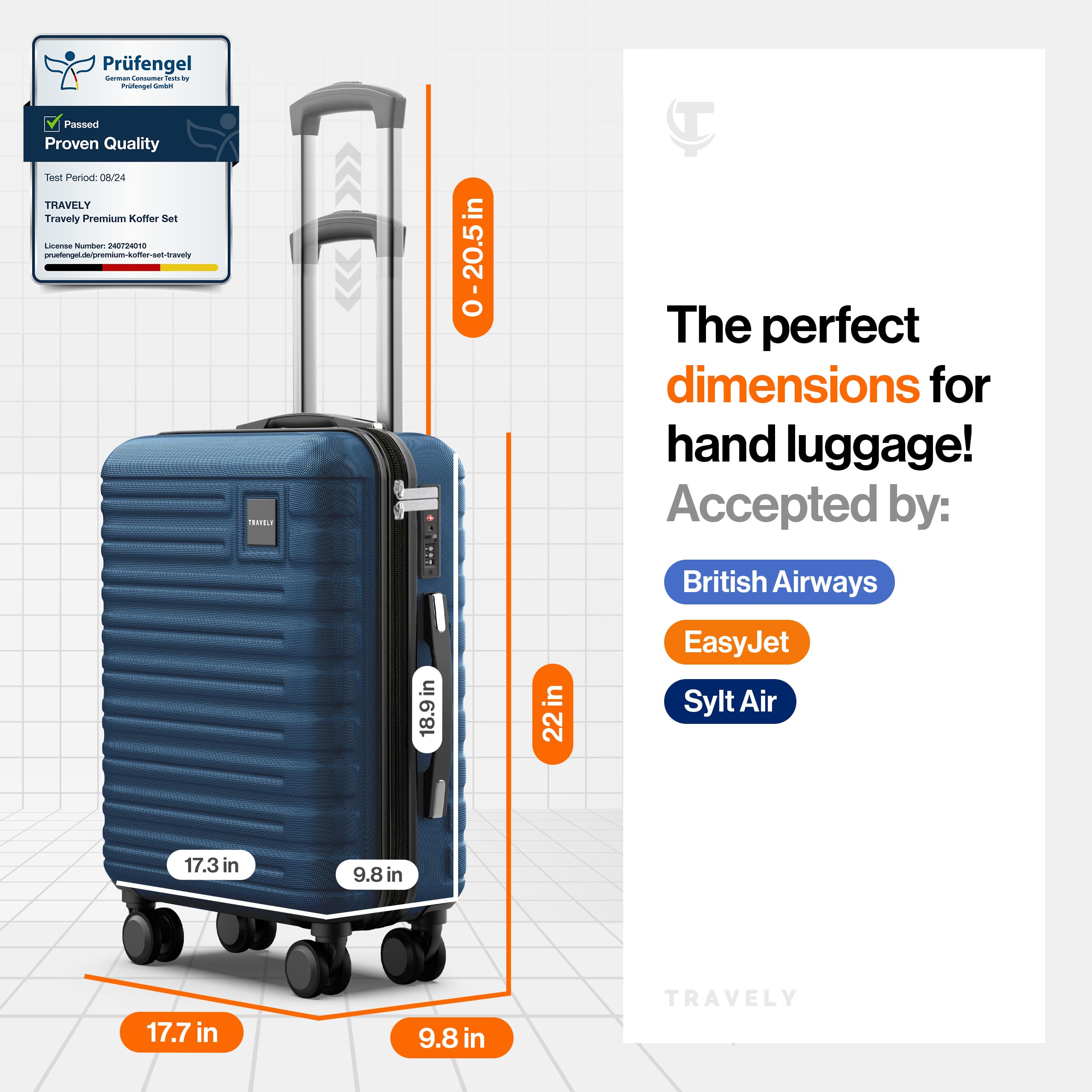 Walizka kabinowa premium Travely 56 × 45 × 25 cm – odpowiednia dla EasyJet, Jet2, British Airways i innych linii I Walizka kabinowa 36 l z plynnie toczacymi sie kólkami i praktycznym zamkiem TSA