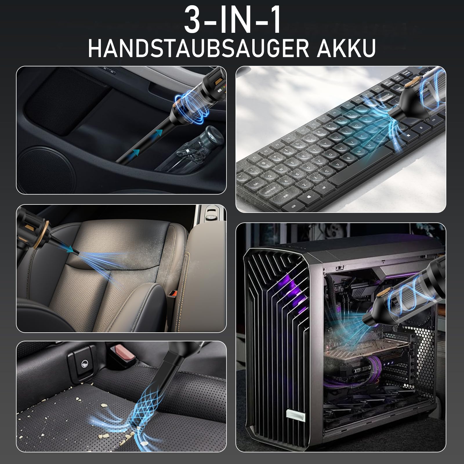 4-in-1 Handstaubsauger Akku, Autostaubsauger Kabellos 22000PA Mini Staubsauger, Aufladbar Tragbar Leicht Auto Staubsaug Stark, 220000 U/min Elektrische Staubgebläse für den Auto,Büro,Küche,Ti