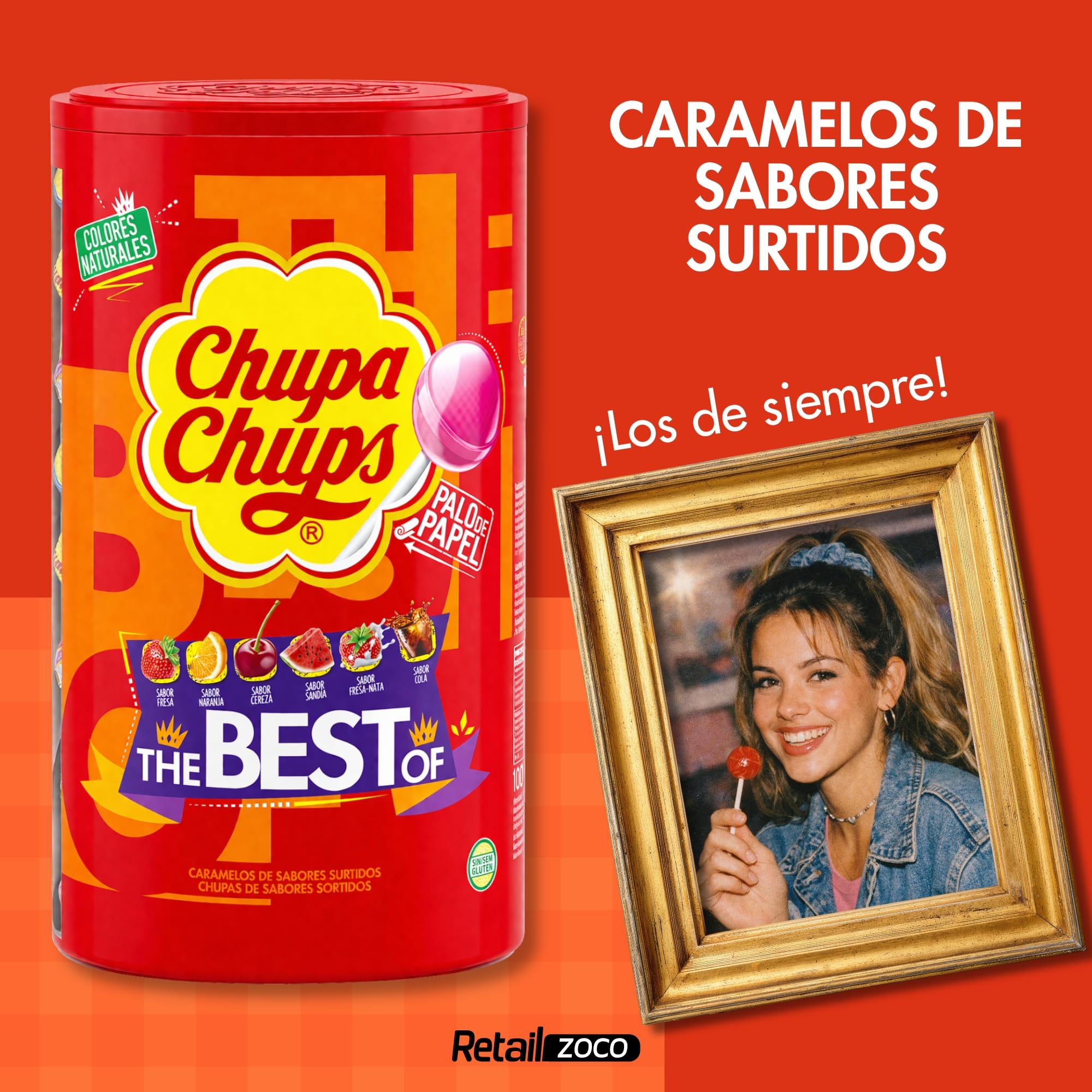 Caramelo Chupa Chups Original sabores Variados, Caramelo con palo de papel, Tamaño original, Apto para veganos, sin gluten, es completamente apto para celíacos, Contiene 1 caja de 100 unidades