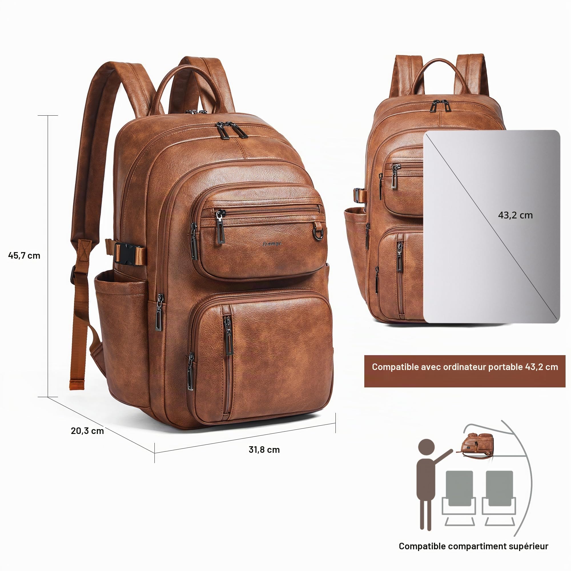 Sac à Dos en Cuir Végan Homme et Femme, Compatible avec Ordinateur 17 Pouces, Sac à Dos de Voyage Cabine avec Sangle Valise, Design Élégant, Brown